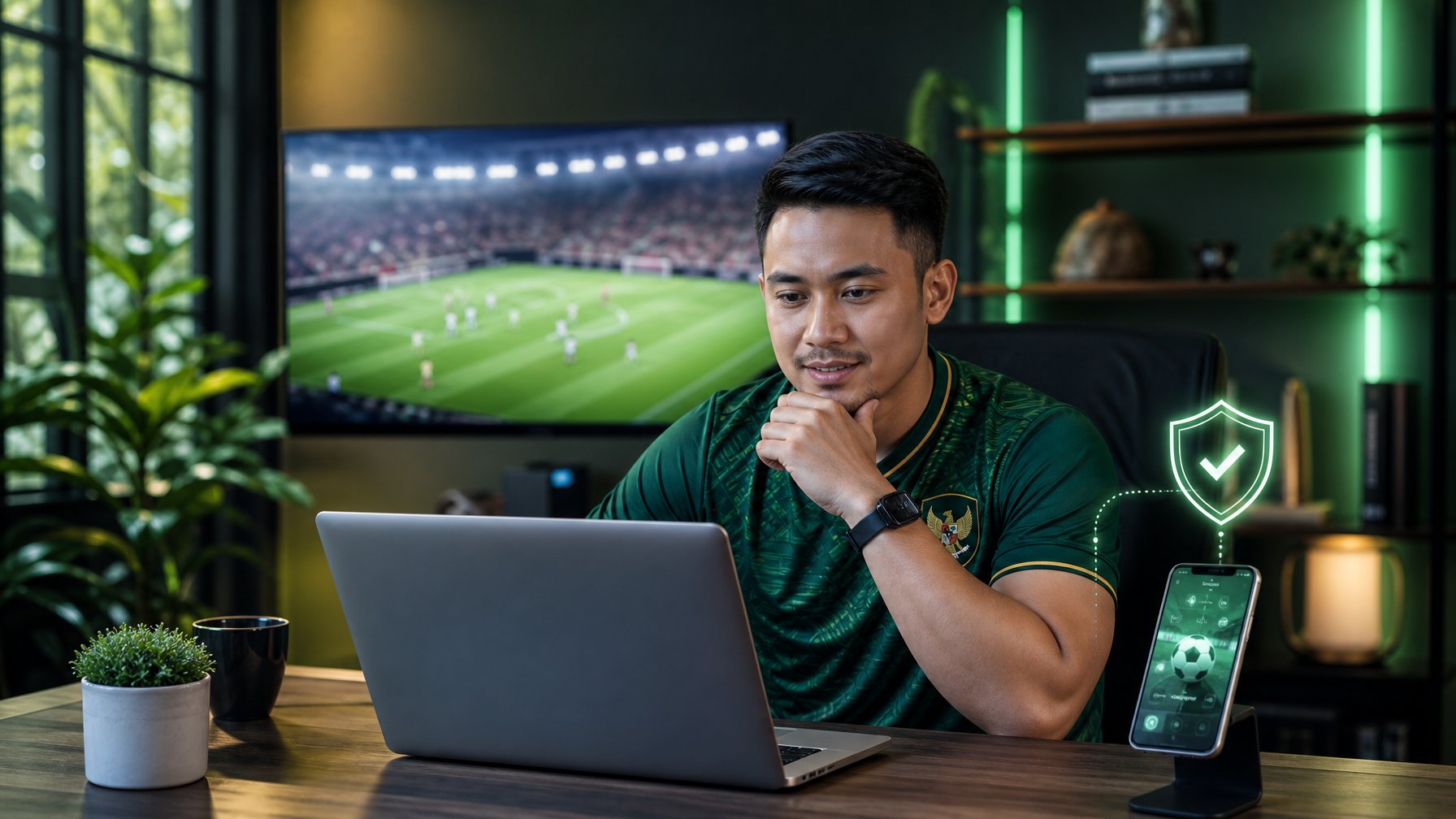 Penggemar sepak bola Indonesia menonton pertandingan di laptop dengan simbol keamanan digital di ruang kerja modern.