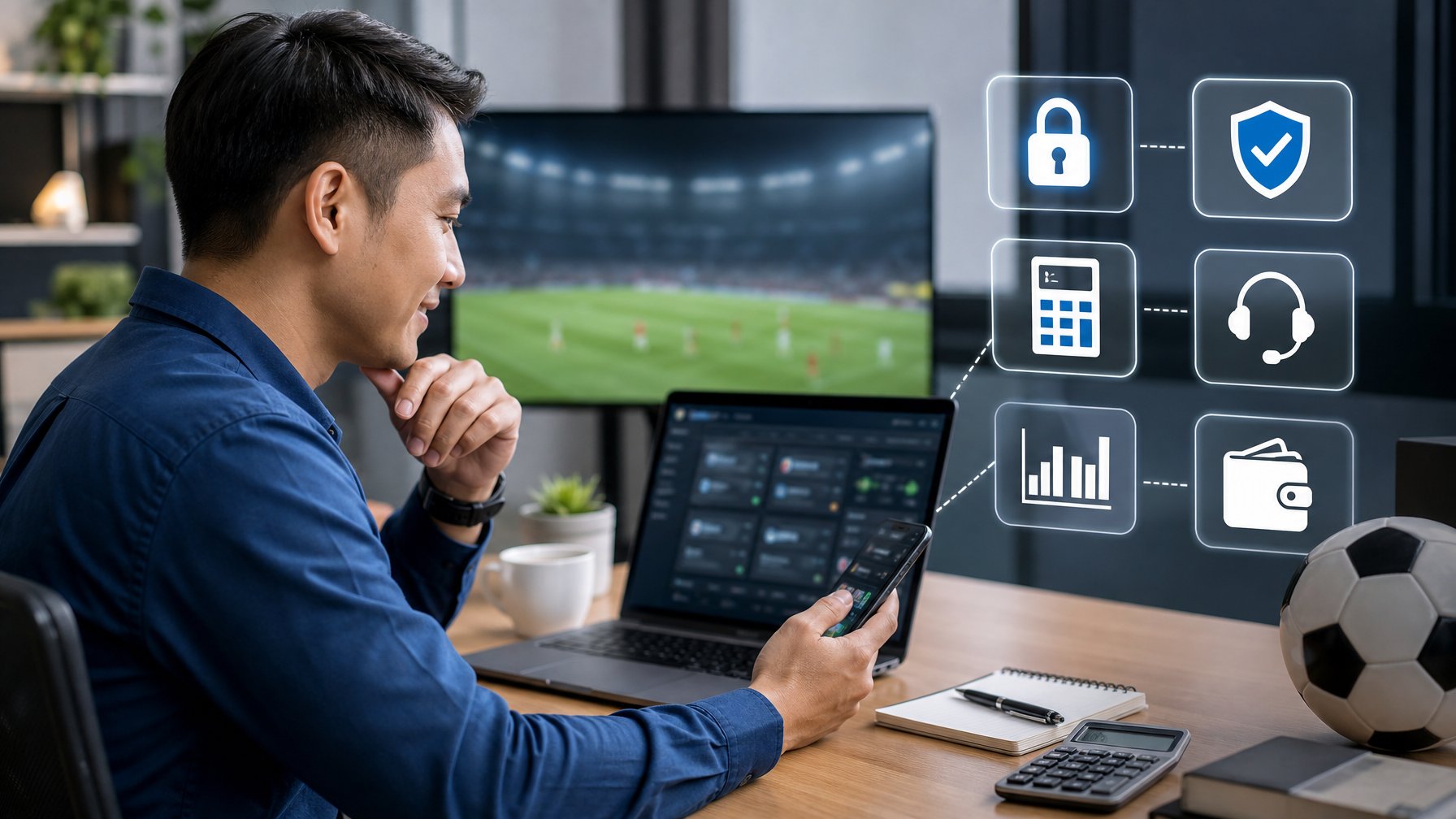 Orang dewasa Indonesia memeriksa platform taruhan sepak bola di laptop dan ponsel dengan simbol keamanan serta verifikasi di sekitarnya.