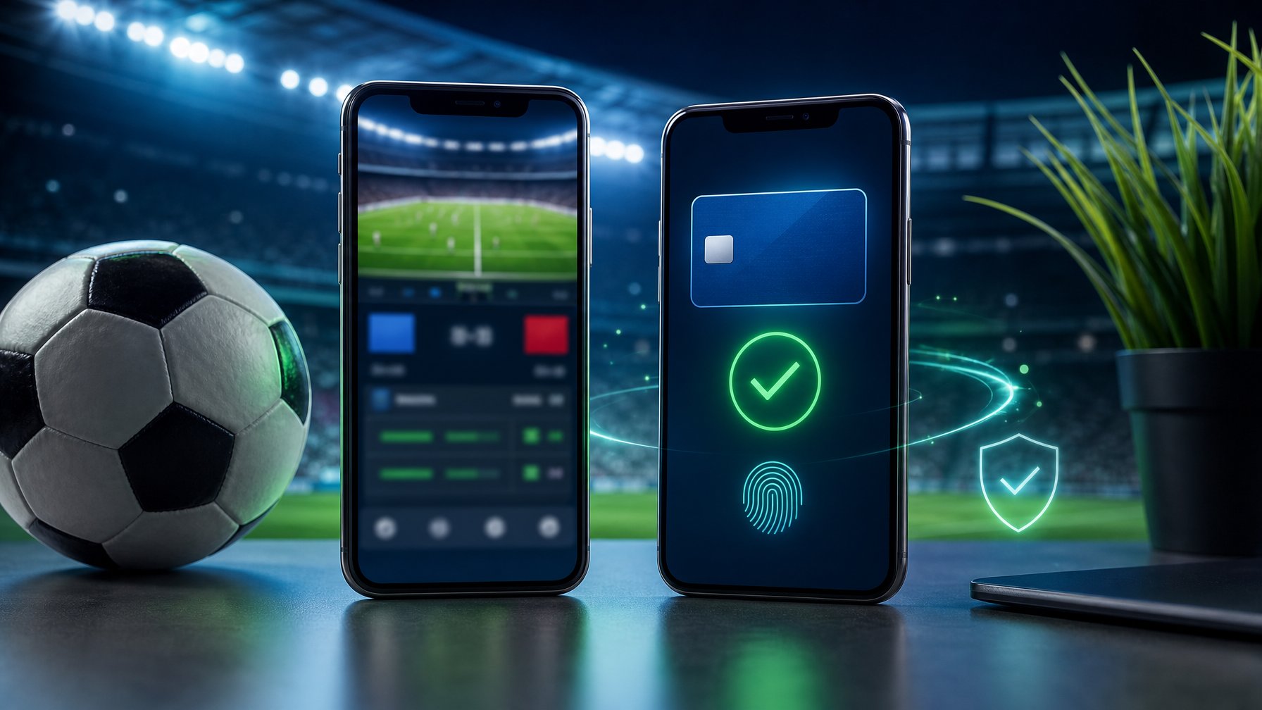 Dua ponsel dengan tampilan pertandingan sepak bola dan pembayaran digital berada di samping bola sepak, dengan latar stadion yang buram.