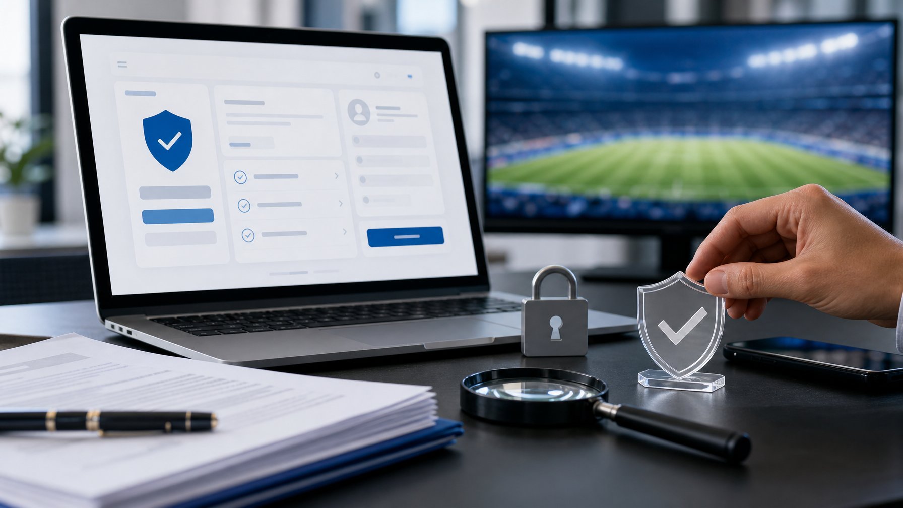 Meja kerja modern dengan laptop, ponsel, dokumen kosong, ikon perisai keamanan, dan latar stadion sepak bola yang buram.