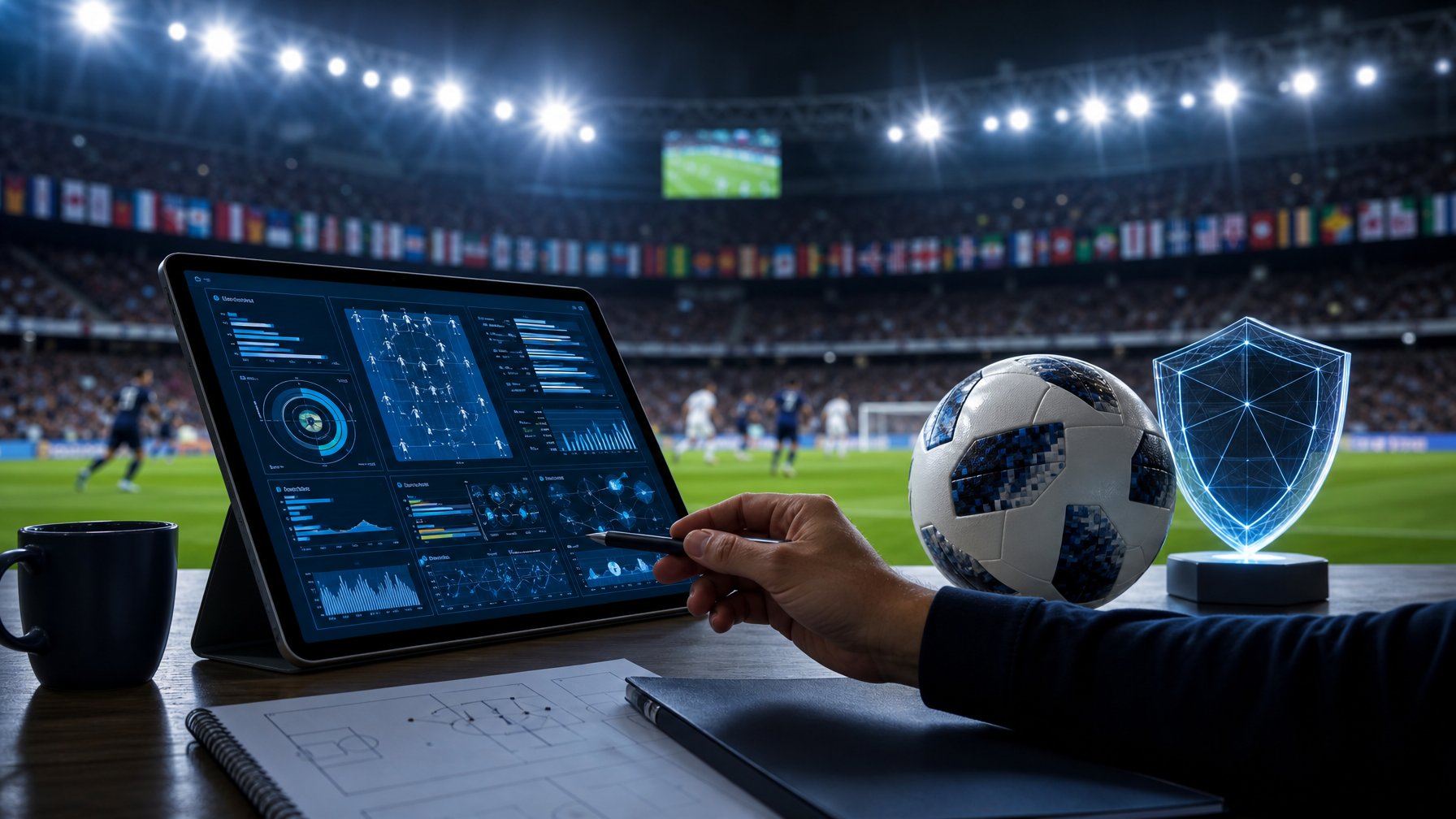 Meja analisis sepak bola dengan tablet statistik, bola, dan stadion yang diterangi lampu sorot.