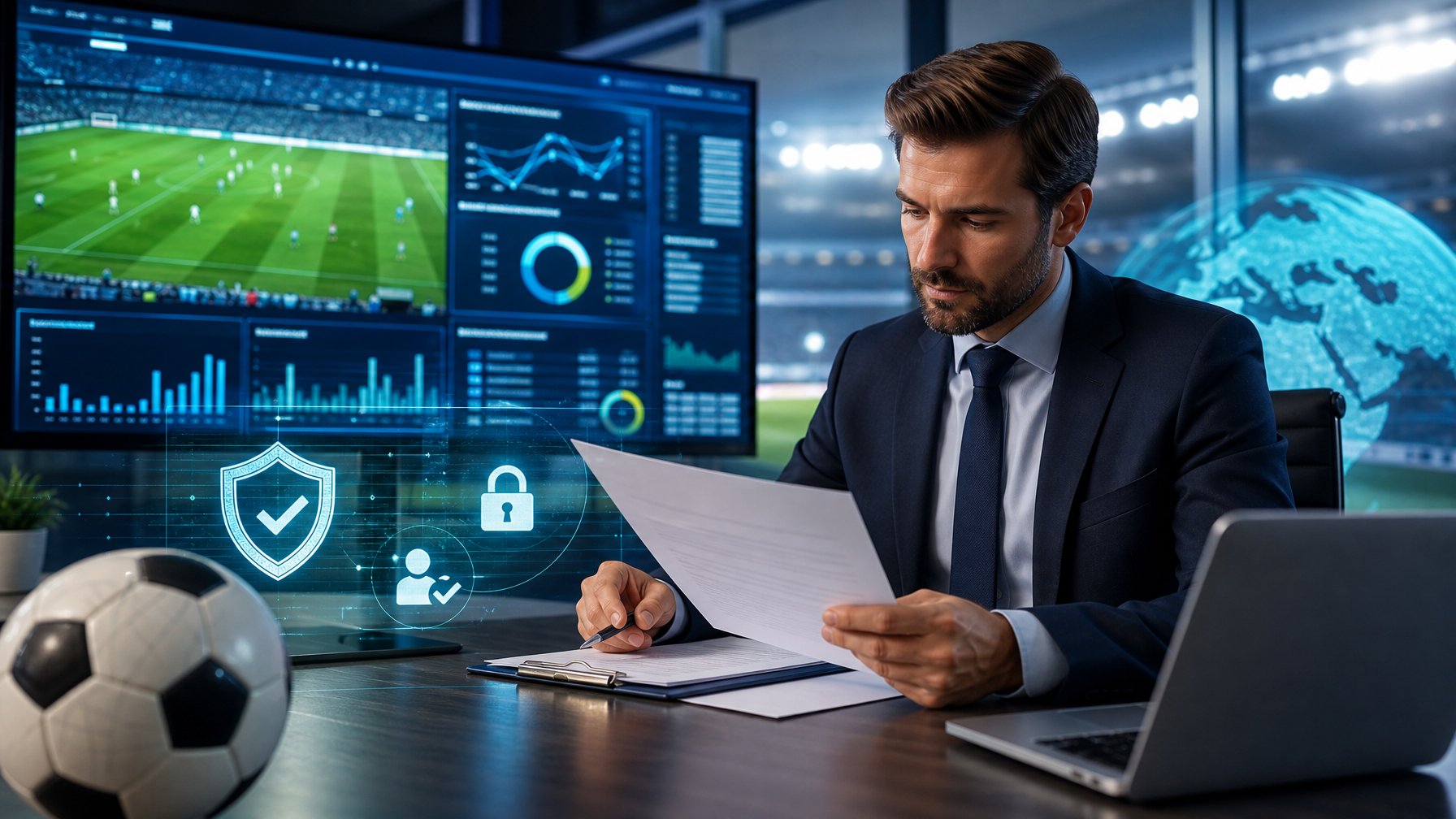 Profesional memeriksa keamanan dan kepatuhan platform sepak bola digital di ruang kerja modern.