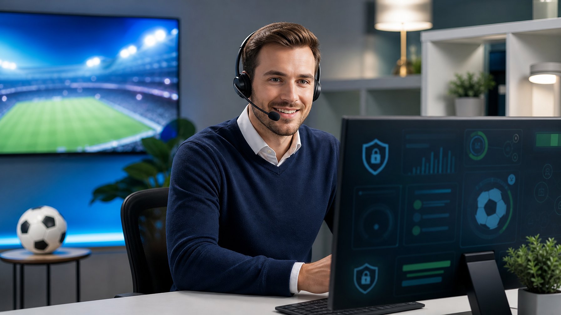 Petugas layanan pelanggan memakai headset membantu pengguna melalui komputer di kantor modern dengan elemen sepak bola.