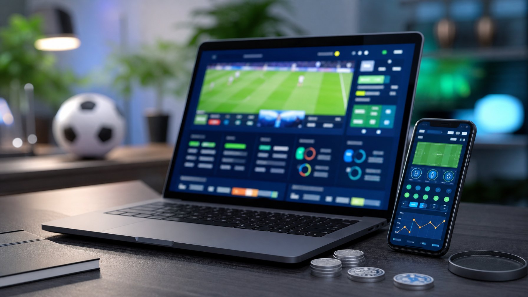 Laptop dan ponsel menampilkan antarmuka olahraga abstrak di meja dengan koin kecil dan bola sepak di latar belakang.