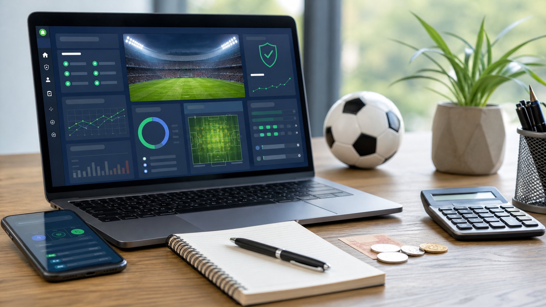 Laptop dengan analisis pertandingan sepak bola, ponsel, kalkulator, catatan, dan koin rupiah di meja kerja.