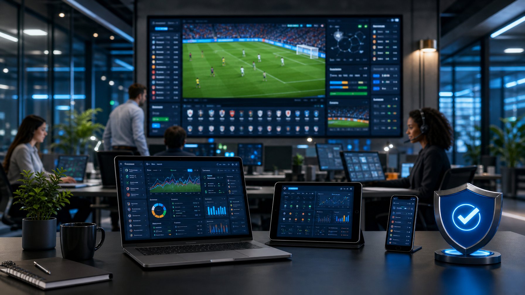 Ruang kerja modern dengan layar analisis pertandingan sepak bola dan beberapa perangkat digital yang menampilkan statistik olahraga.