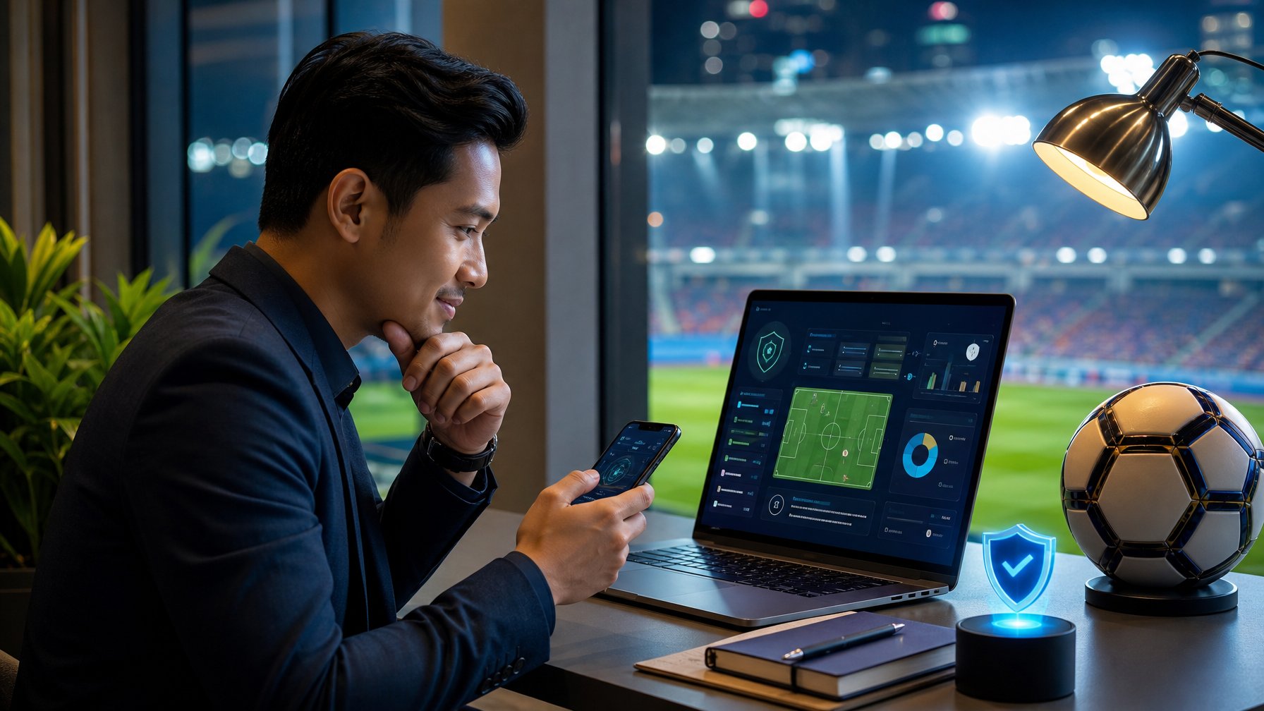 Seorang profesional Indonesia menggunakan laptop dan ponsel dengan latar stadion sepak bola modern.