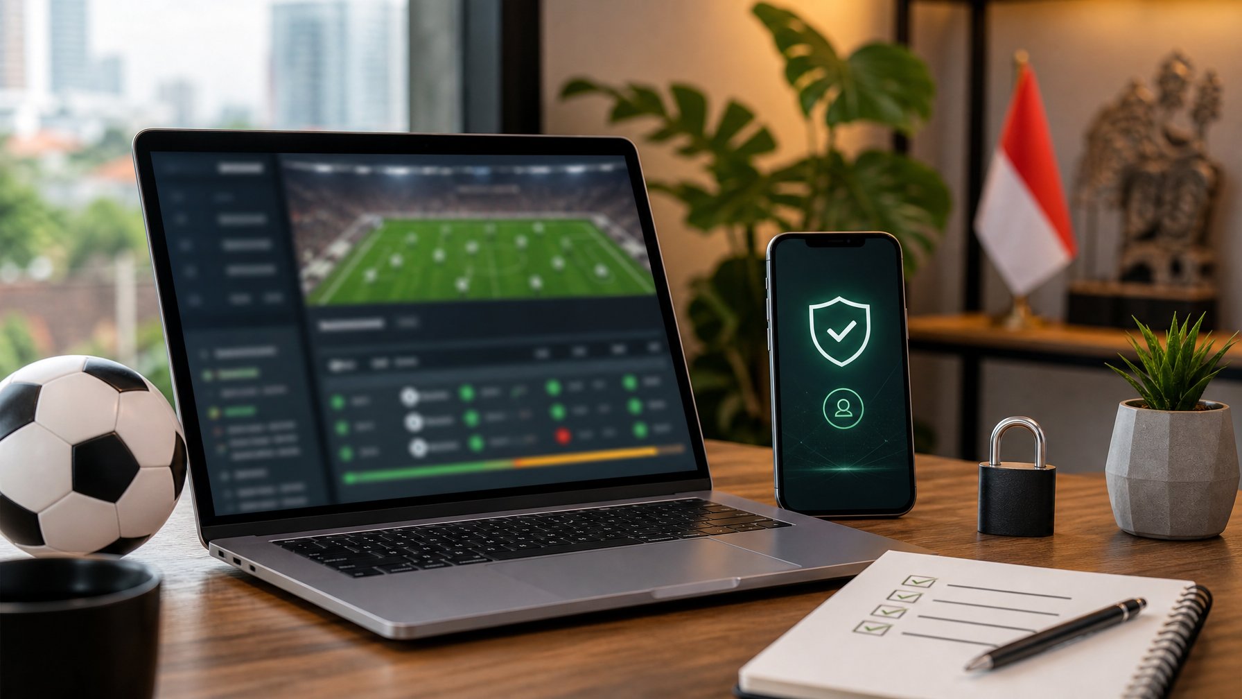Laptop dan ponsel menampilkan simbol keamanan di samping bola sepak dan daftar periksa.