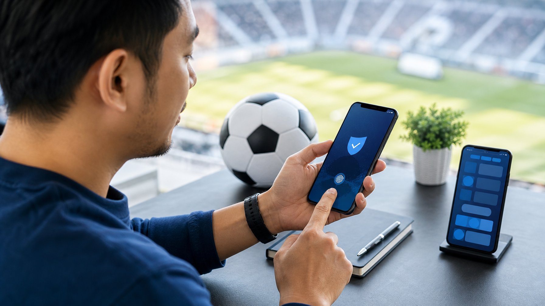 Orang dewasa menggunakan ponsel di meja dengan suasana stadion sepak bola yang tampak samar di latar belakang.