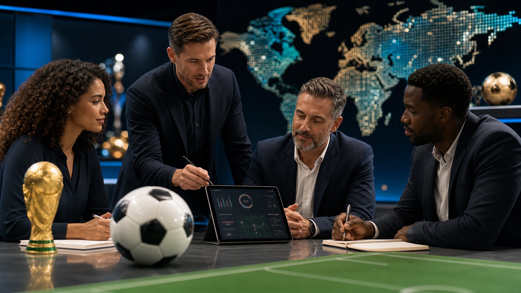 Analis olahraga membahas data pertandingan sepak bola di studio modern dengan bola dan tablet di atas meja.