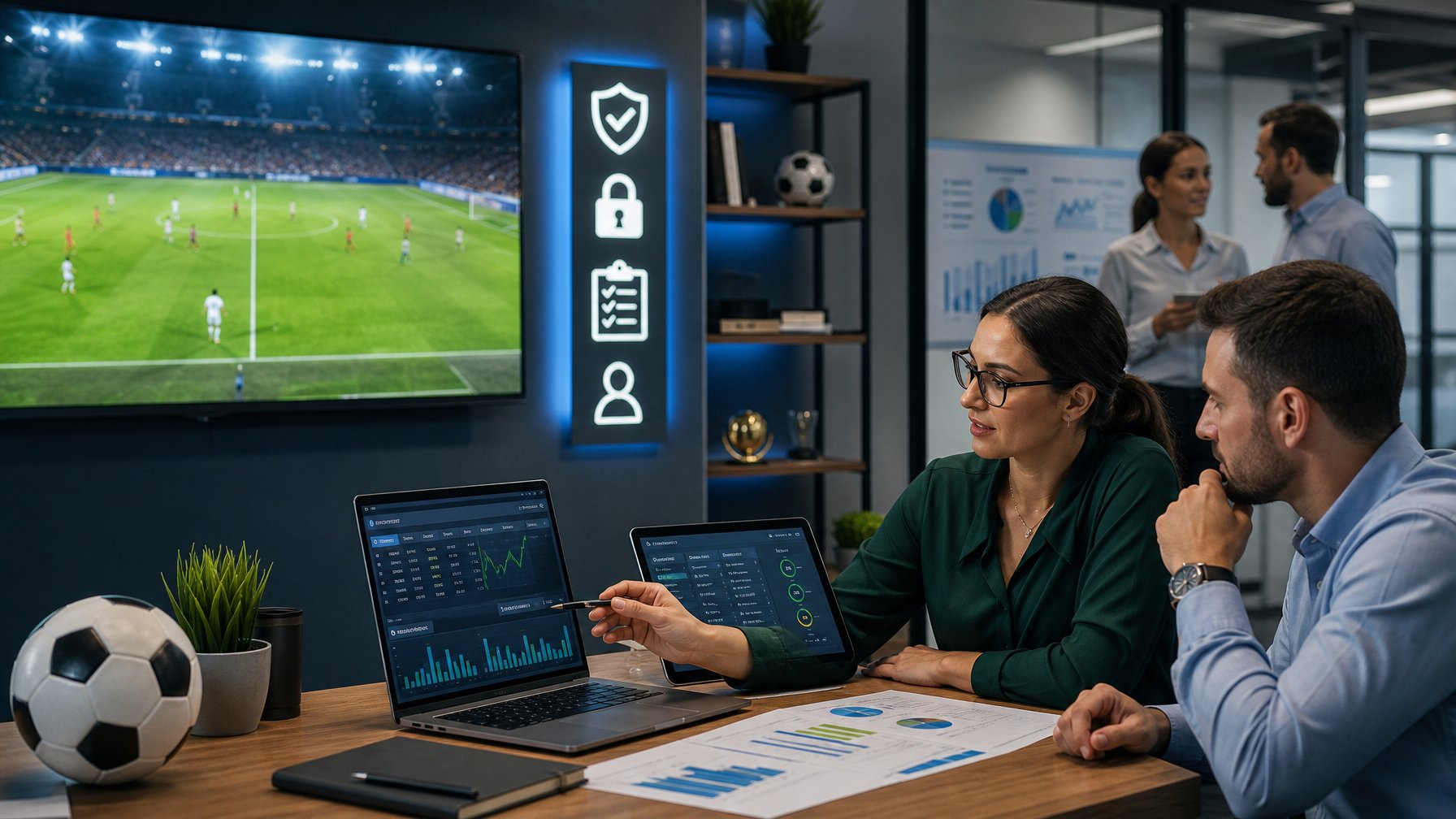 Analis meninjau platform taruhan sepak bola legal dengan tampilan pertandingan dan simbol keamanan di ruang kerja modern.