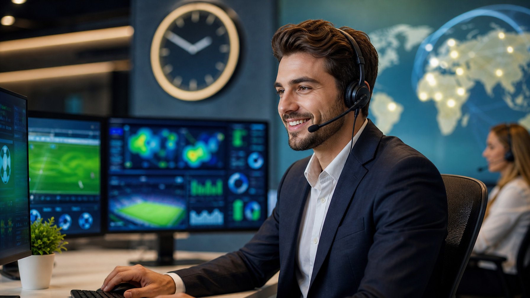 Petugas layanan pelanggan memakai headset membantu pengguna di kantor modern dengan tampilan bertema sepak bola.