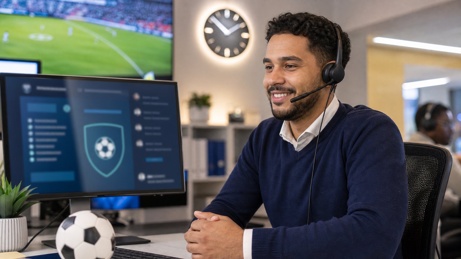 Petugas layanan pelanggan profesional membantu pengguna melalui komputer di kantor modern dengan elemen sepak bola yang samar.