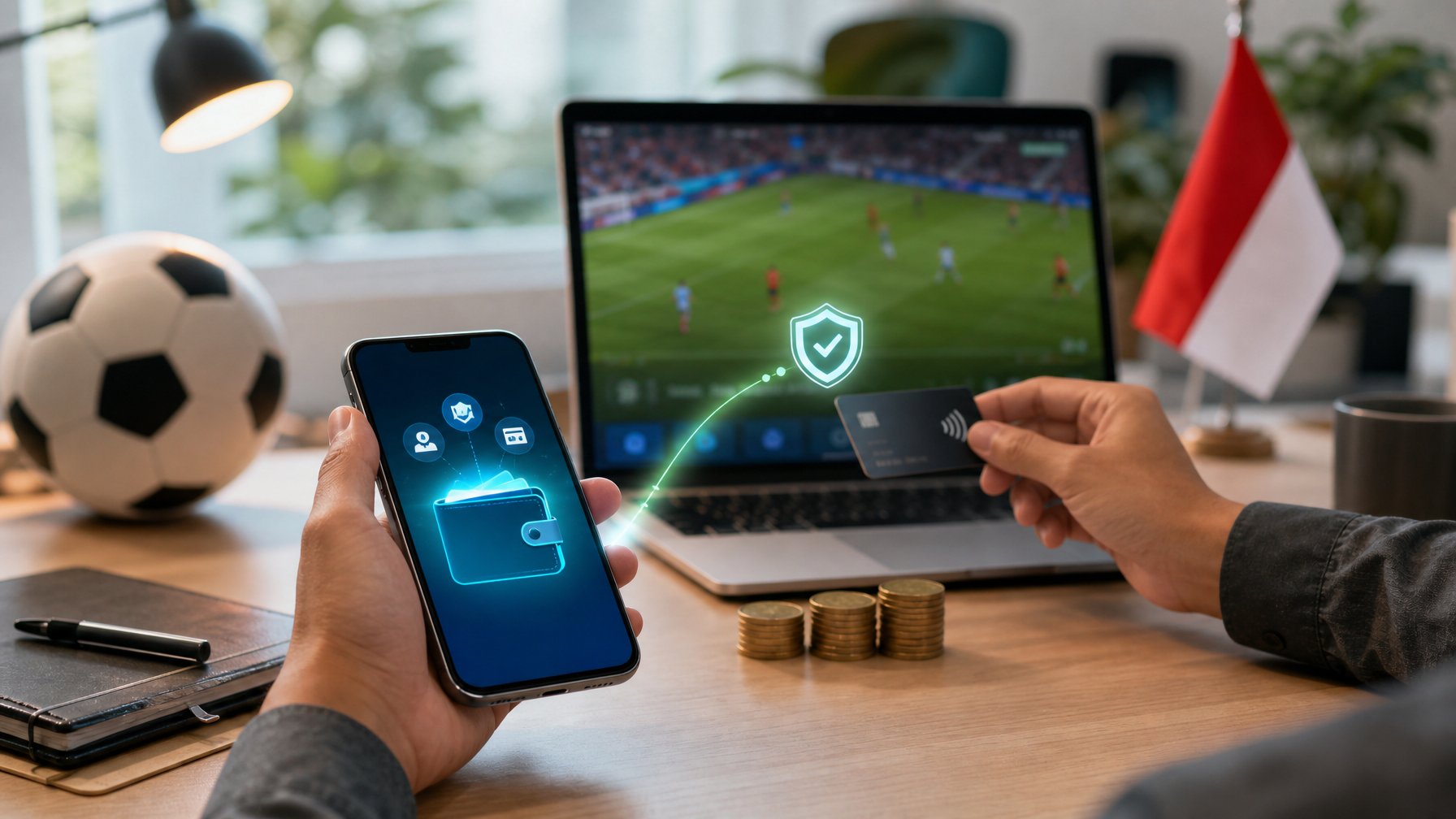 Tangan menggunakan ponsel untuk melakukan pembayaran digital di samping laptop dengan tampilan pertandingan sepak bola dan sebuah bola di meja.