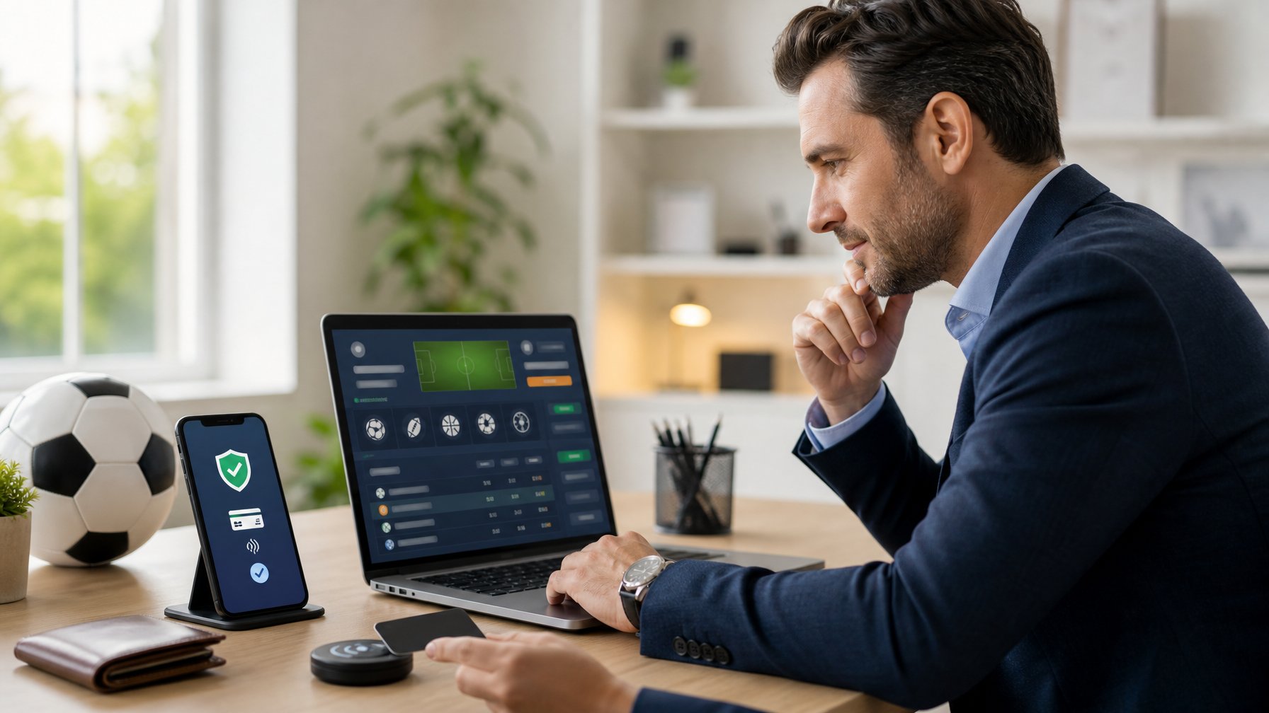 Orang dewasa memeriksa platform olahraga digital di laptop dengan ponsel dan dompet di meja.