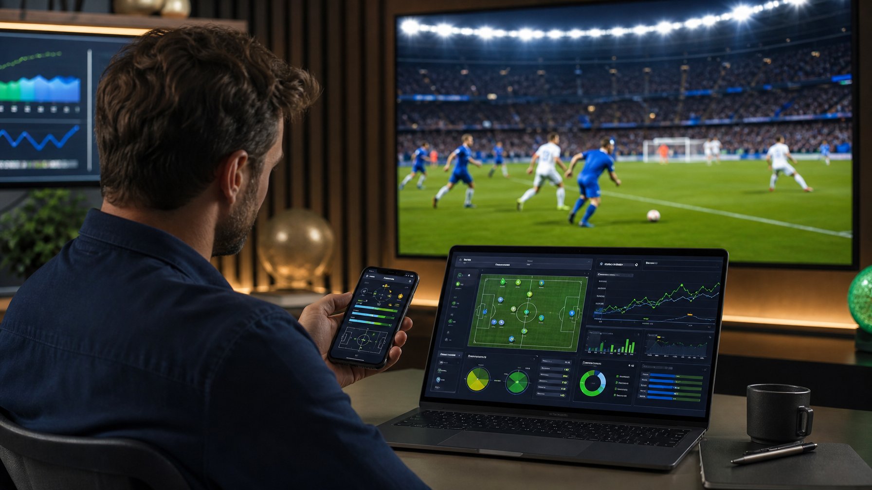 Seseorang menyaksikan pertandingan sepak bola langsung sambil menggunakan laptop dan ponsel di studio analisis olahraga modern.