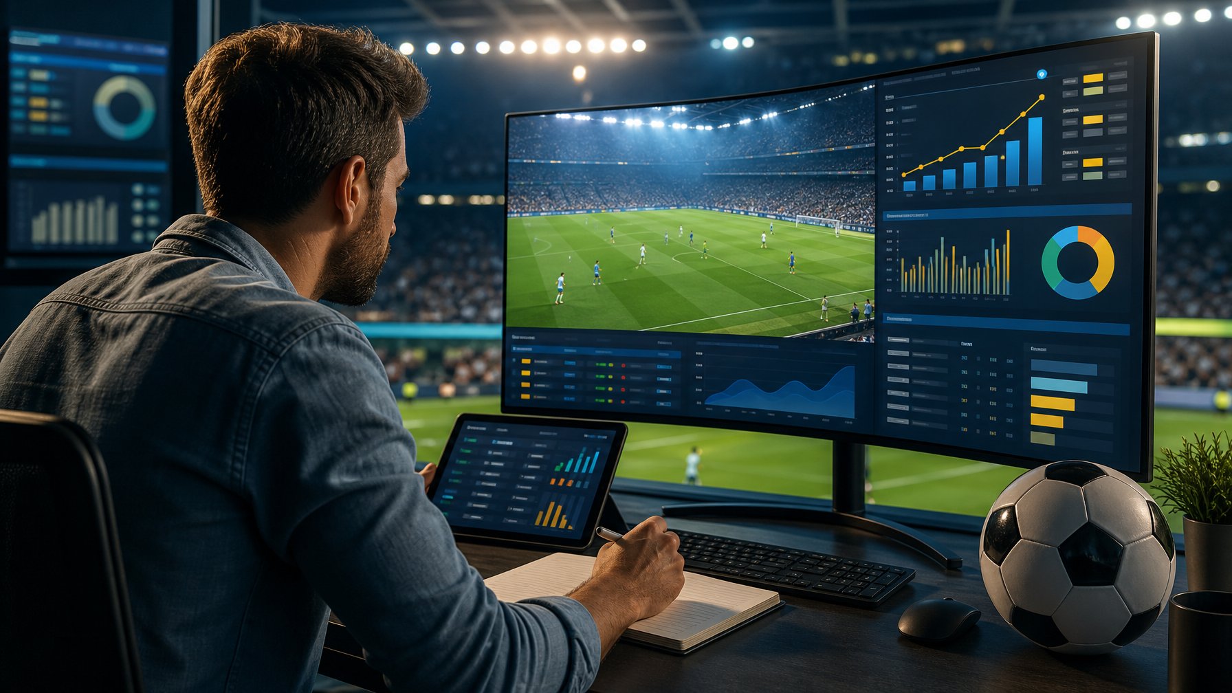 Analis sedang mengamati pertandingan sepak bola dan grafik analisis di ruang kerja modern.