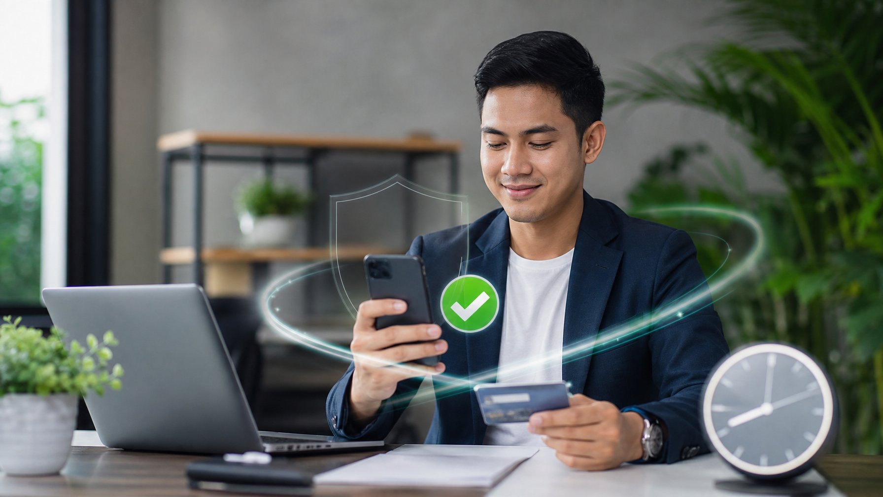 Seorang pelanggan menggunakan perangkat digital untuk melakukan transaksi penarikan dana dengan aman dan cepat.