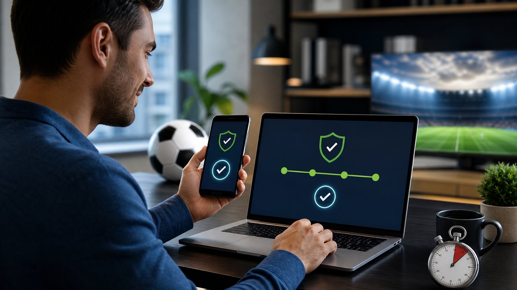 Seorang pengguna memeriksa transaksi penarikan aman dari platform taruhan sepak bola di meja kerja dengan laptop, ponsel, dan bola sepak.
