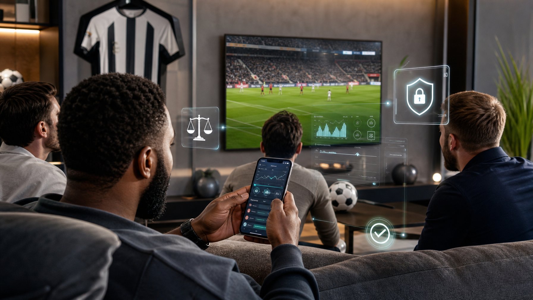 Orang dewasa menonton pertandingan sepak bola sambil menggunakan ponsel di ruang olahraga modern.