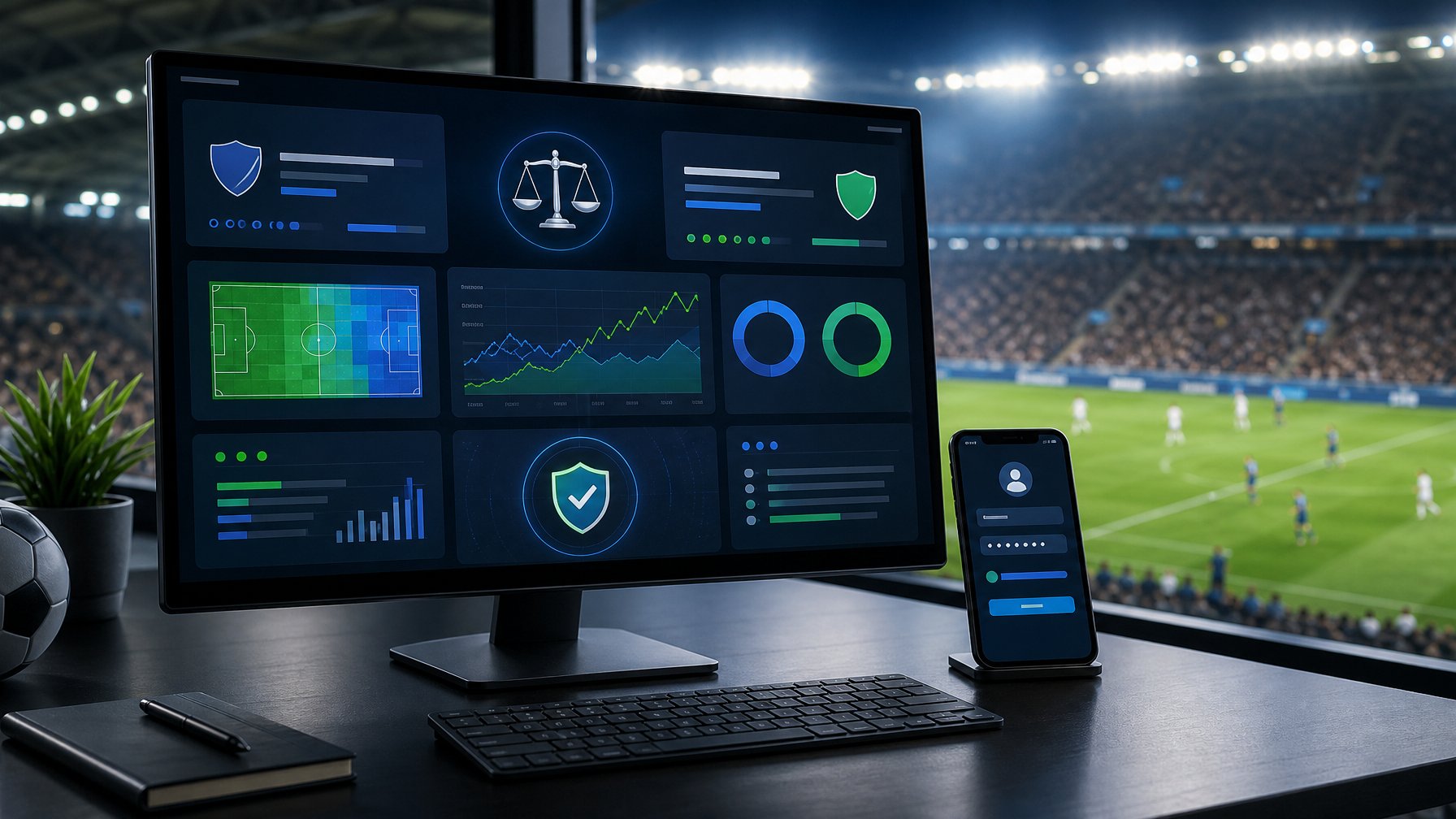 Tampilan analitik pertandingan sepak bola yang transparan dengan simbol keamanan dan keadilan di ruang kerja modern.