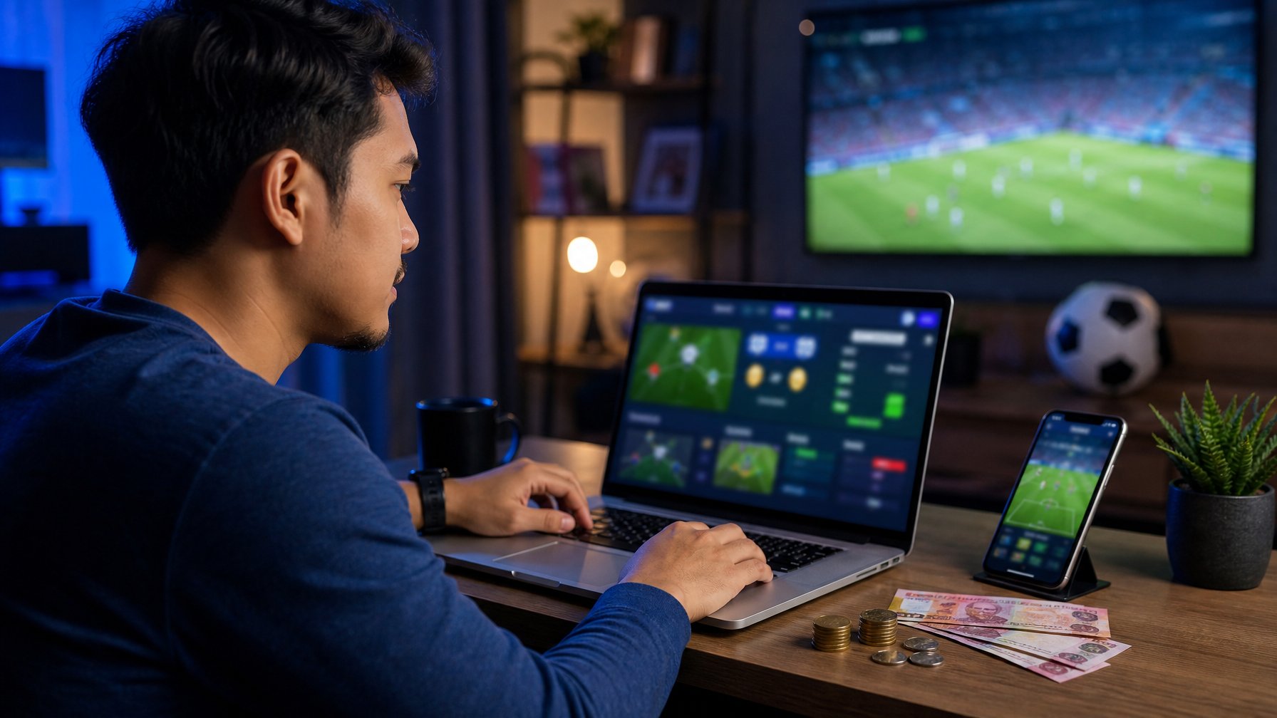 Orang dewasa menggunakan laptop dengan tampilan pertandingan sepak bola dan beberapa koin serta uang kertas di meja.