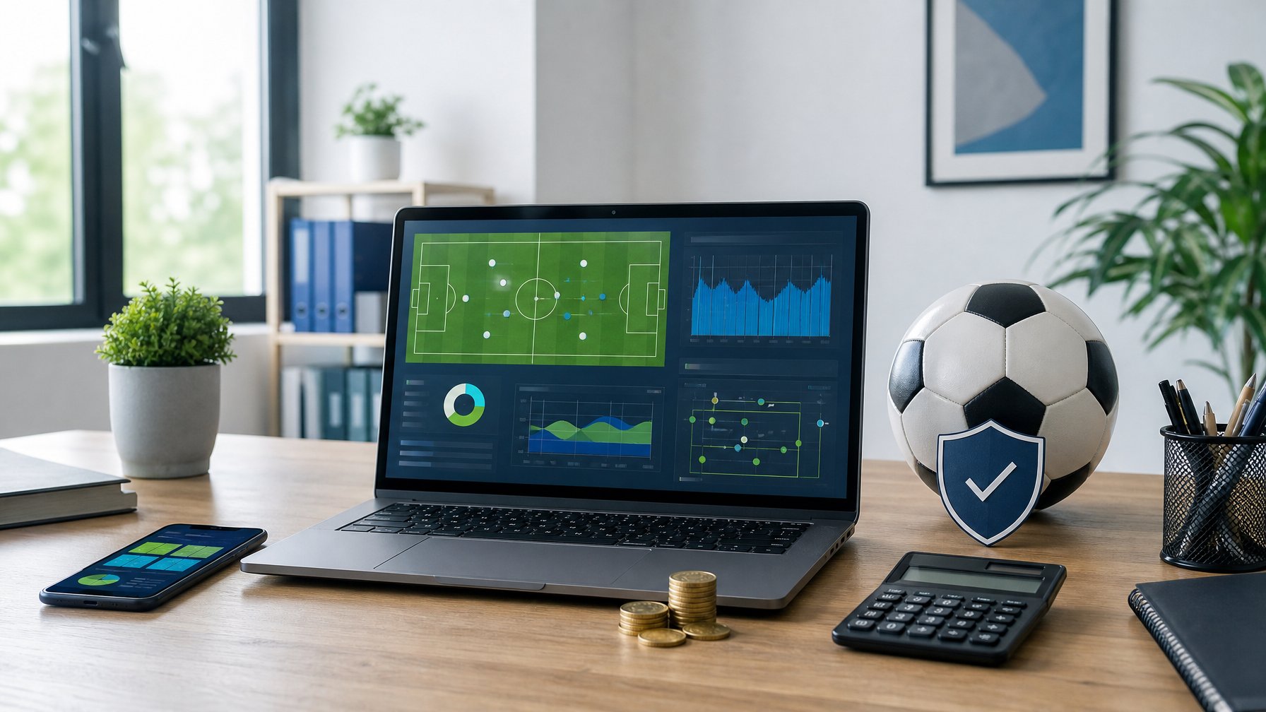 Meja kerja modern dengan laptop berisi analisis pertandingan sepak bola abstrak, bola, ponsel, kalkulator, dan tumpukan koin kecil.