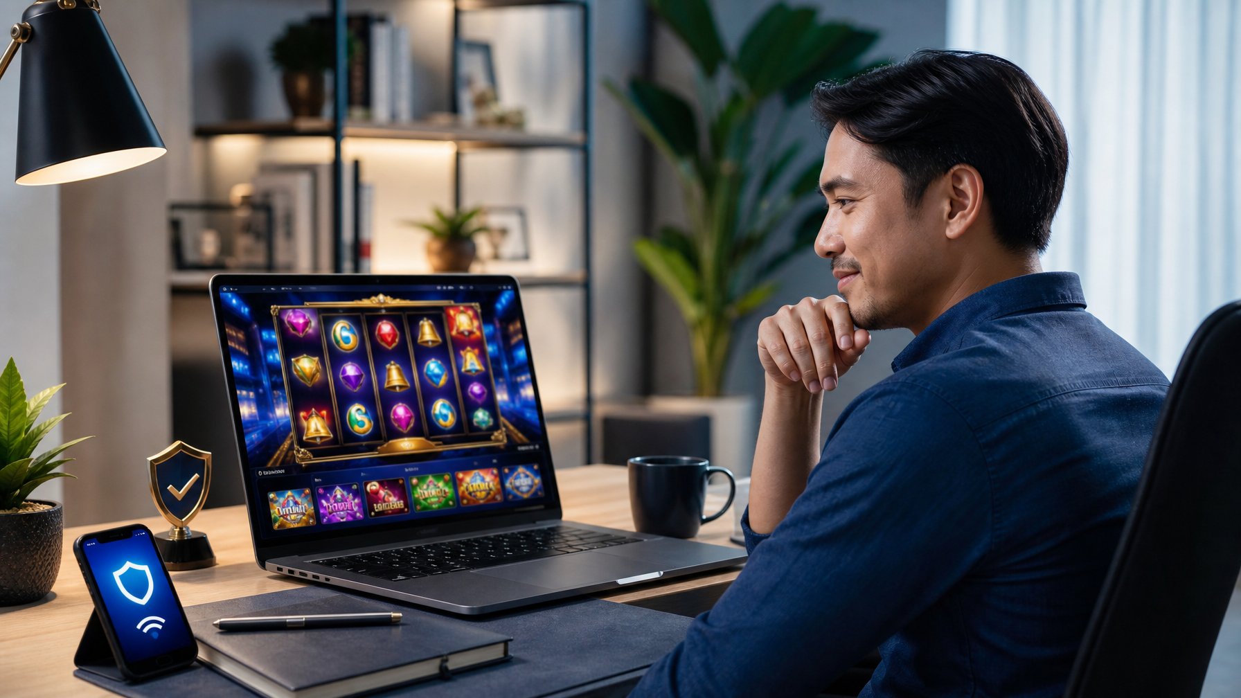 Orang dewasa melihat laptop dengan tampilan permainan digital abstrak di ruang kerja modern.