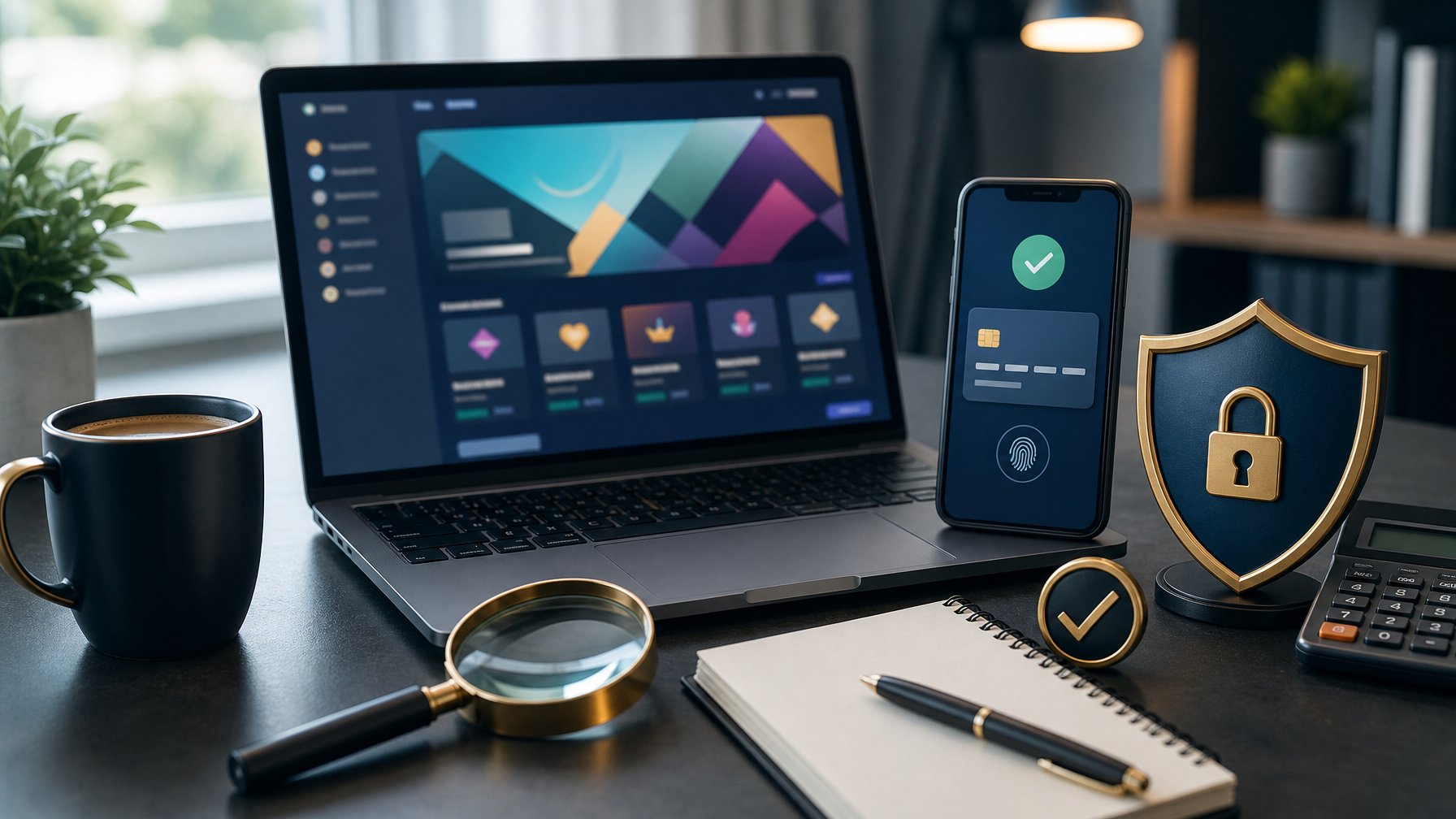 Meja kerja modern dengan laptop, ponsel, simbol keamanan, dan perlengkapan untuk mengevaluasi platform slot online.