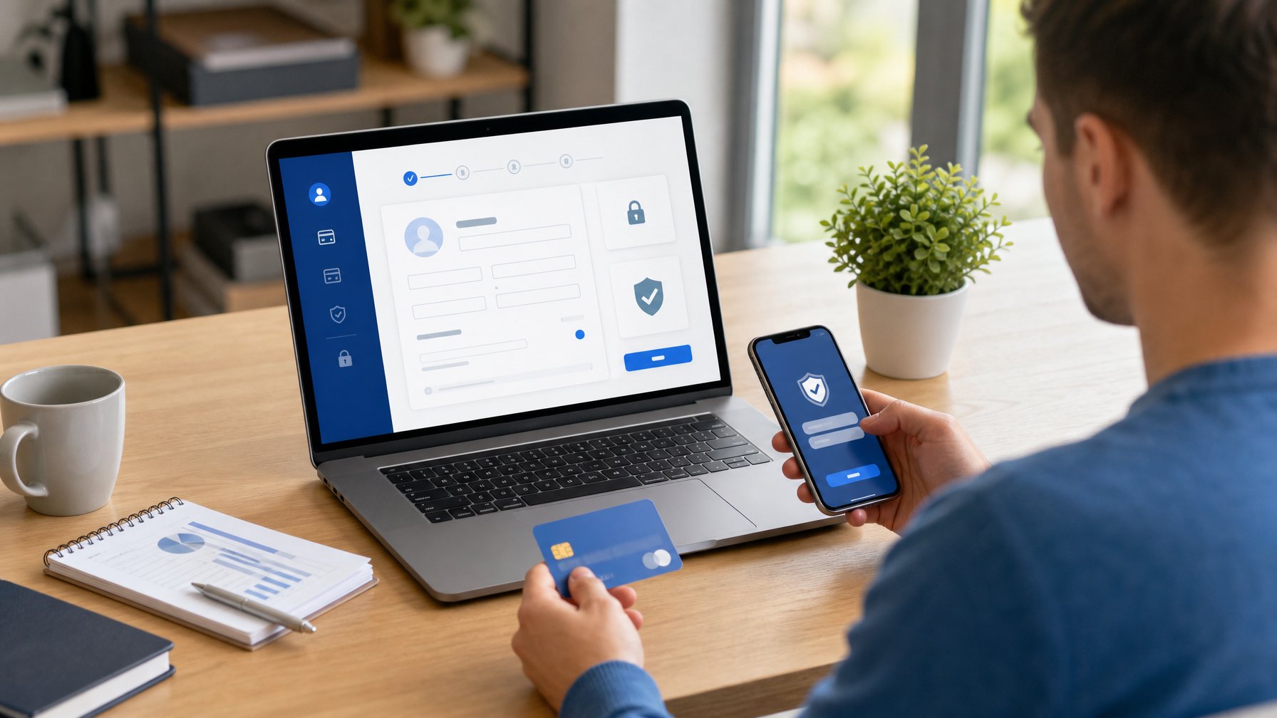 Seseorang mengisi formulir pendaftaran daring di laptop pada meja kerja modern.