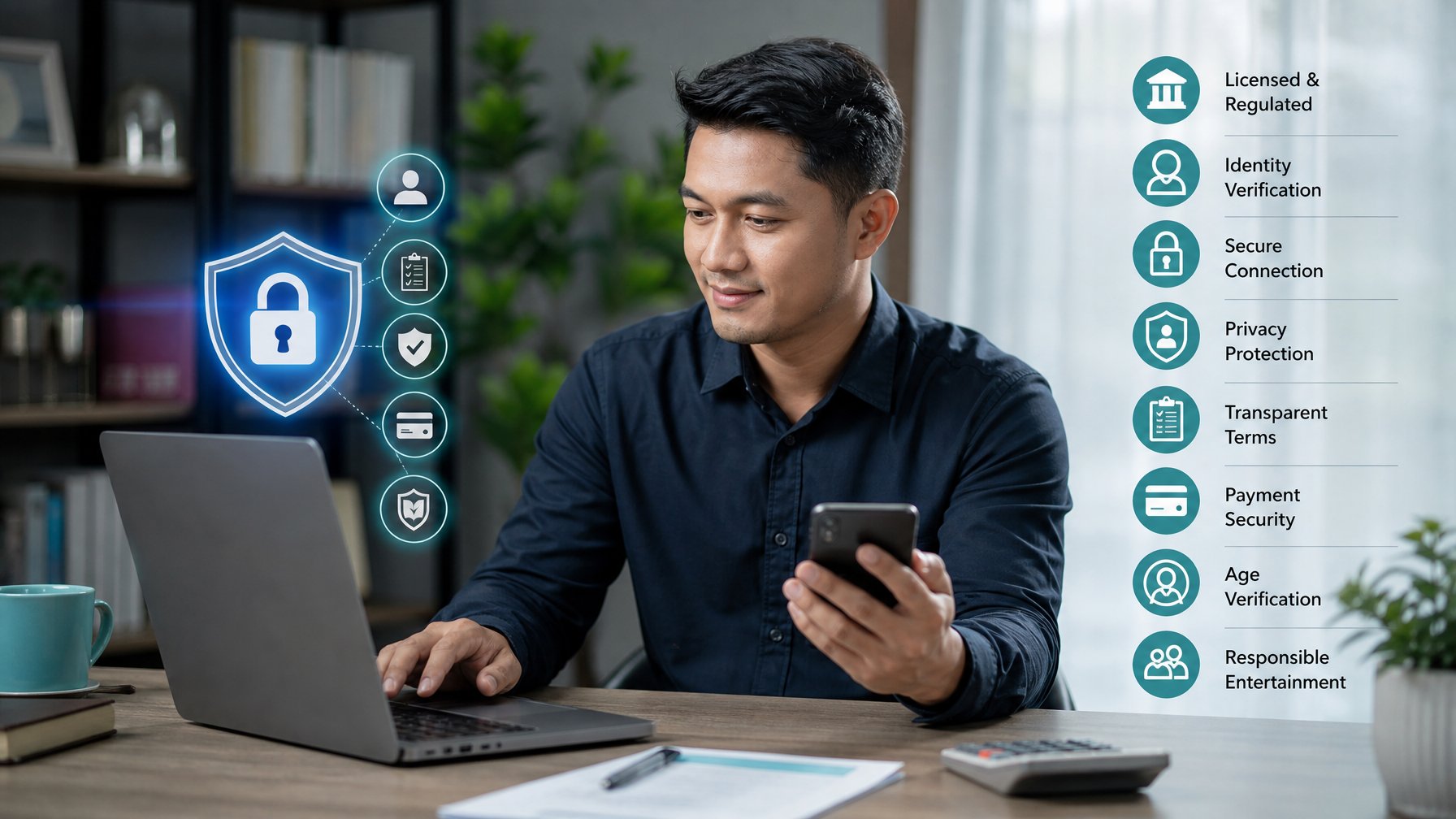 Seseorang meninjau keamanan dan kelayakan sebuah platform online di meja kerja dengan laptop, ponsel, serta simbol perisai dan verifikasi.