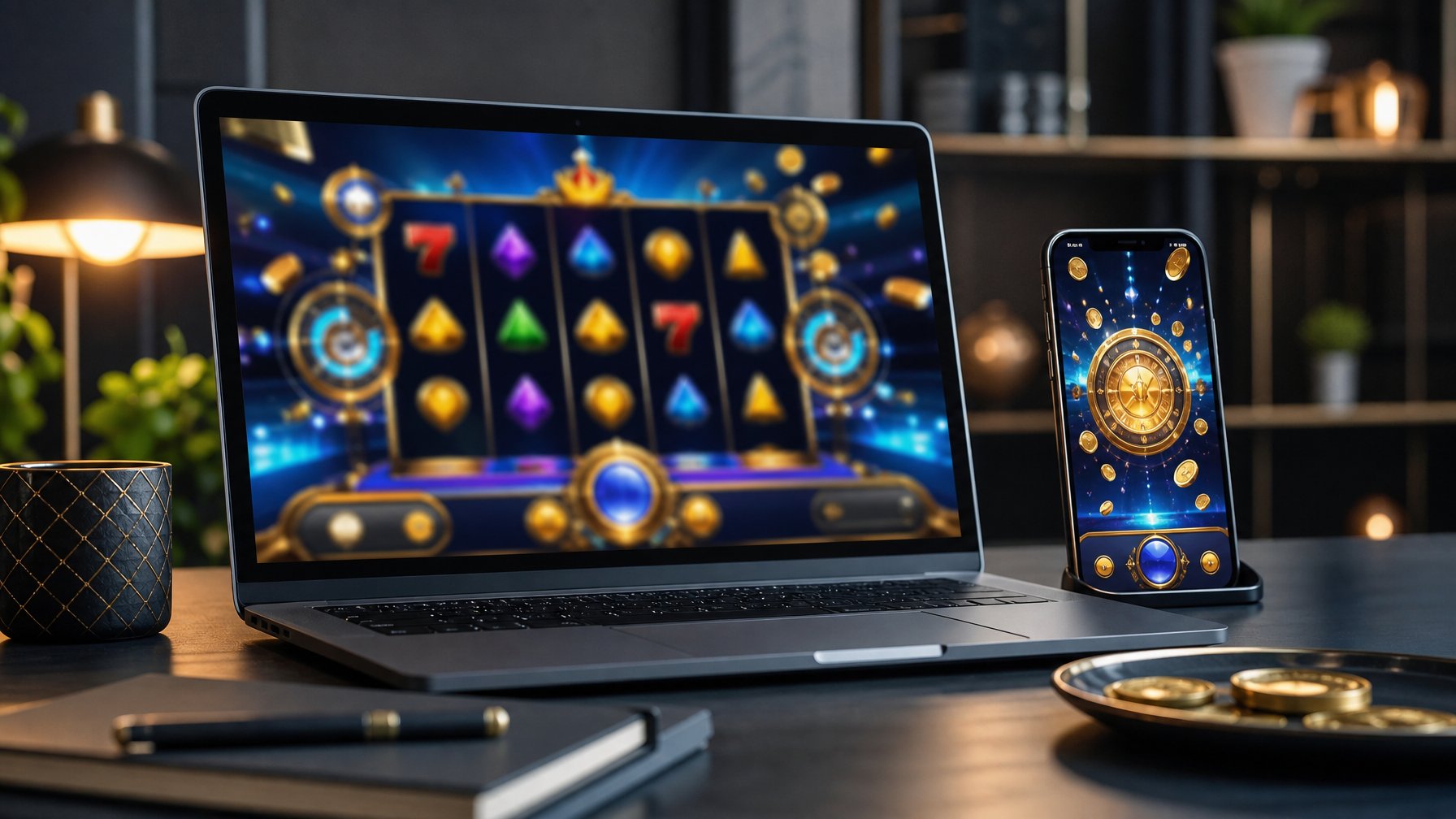 Laptop dan ponsel menampilkan visual permainan digital abstrak di atas meja kerja modern.