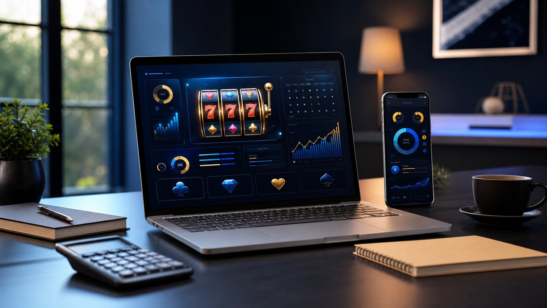 Laptop dan ponsel menampilkan dasbor permainan digital abstrak di atas meja kerja modern.