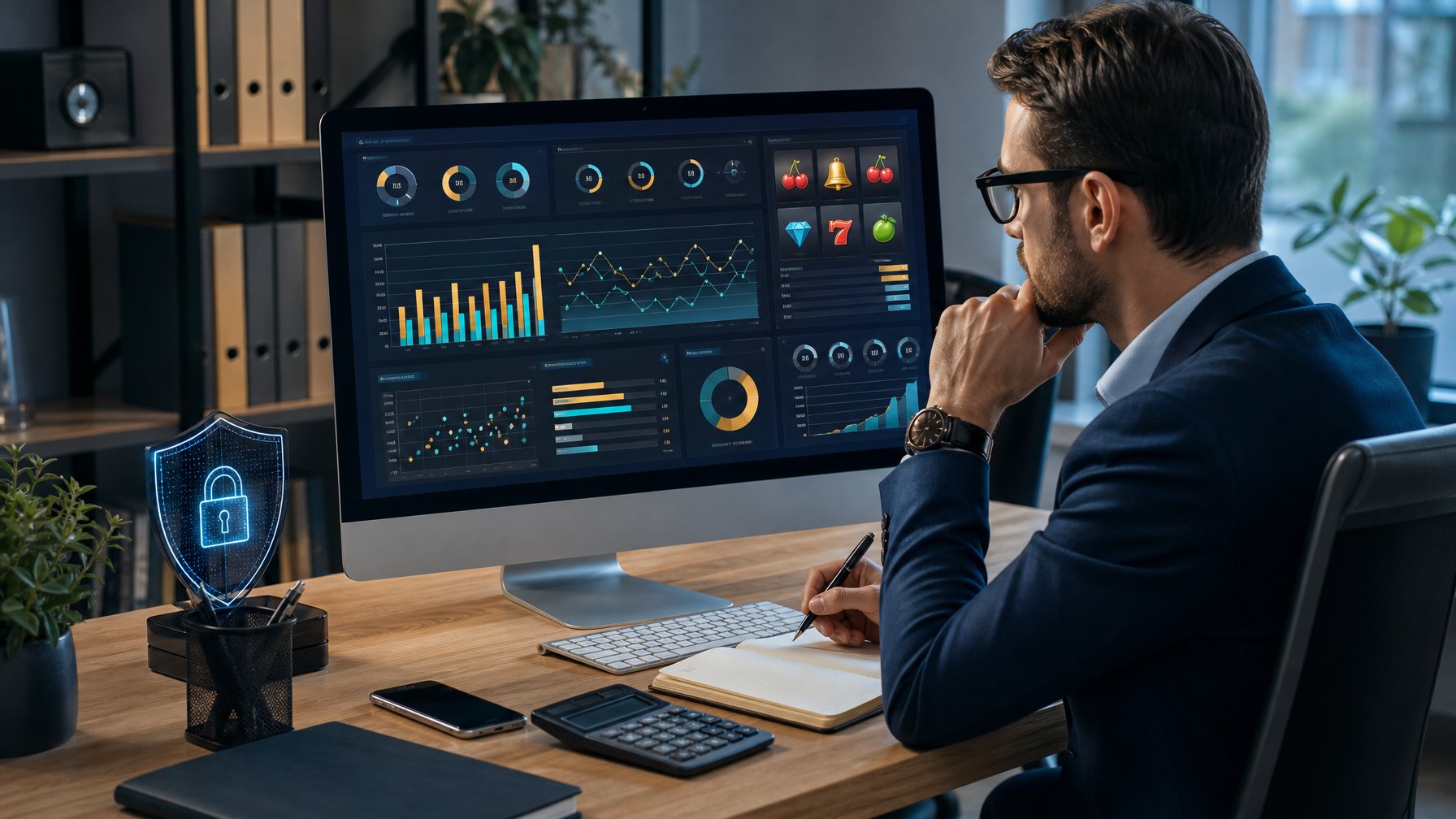 Seorang analis meninjau dasbor analitik platform slot di meja kerja modern.