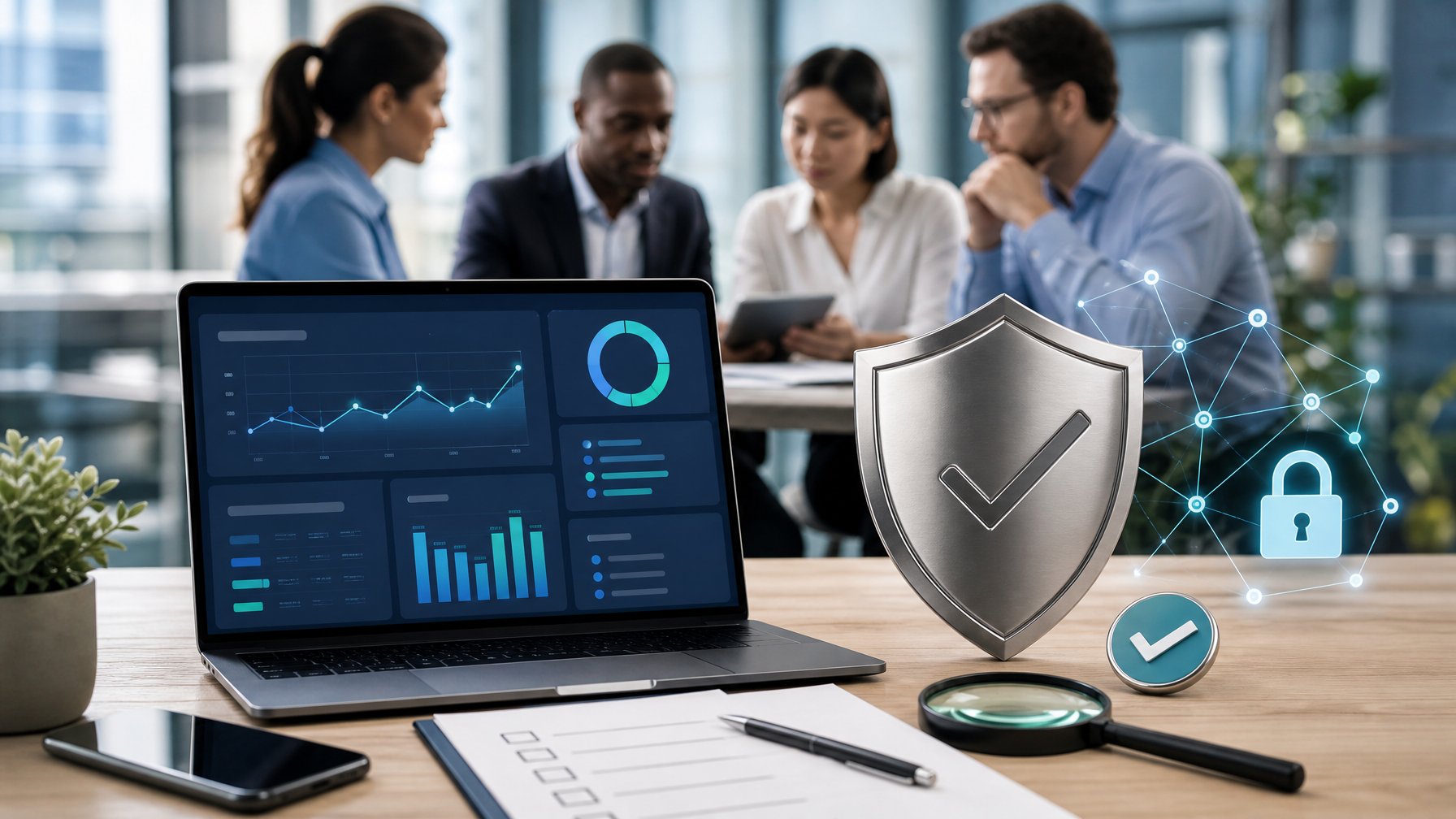 Profesional menilai keamanan dan kredibilitas platform digital menggunakan laptop, simbol perisai, dan daftar pemeriksaan.