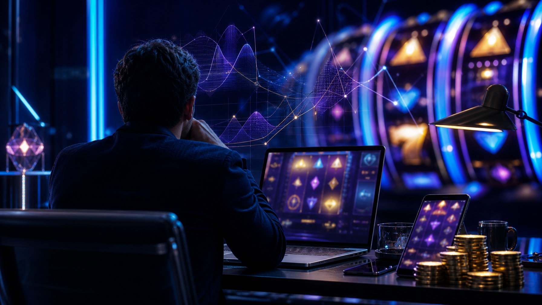 Seseorang mengamati layar permainan digital dengan grafik cahaya dan koin di meja pada suasana malam.