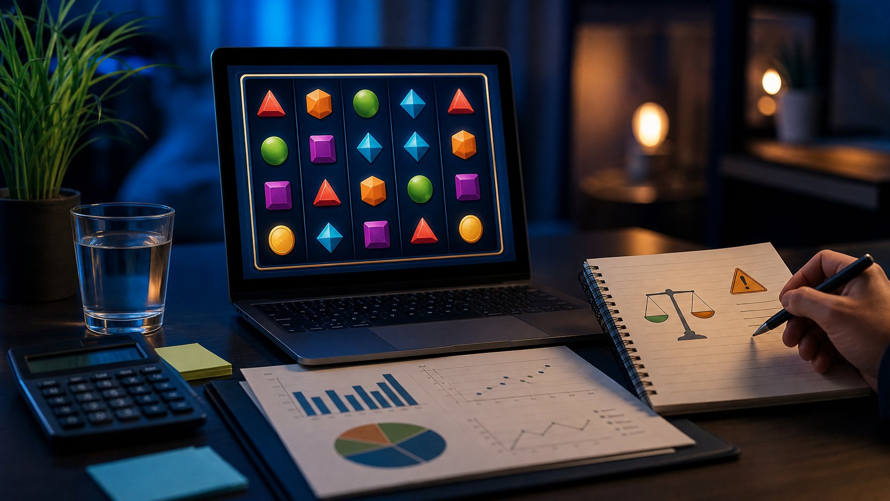 Meja kerja modern dengan laptop menampilkan antarmuka permainan abstrak, grafik analisis, kalkulator, dan simbol keseimbangan risiko serta peluang.