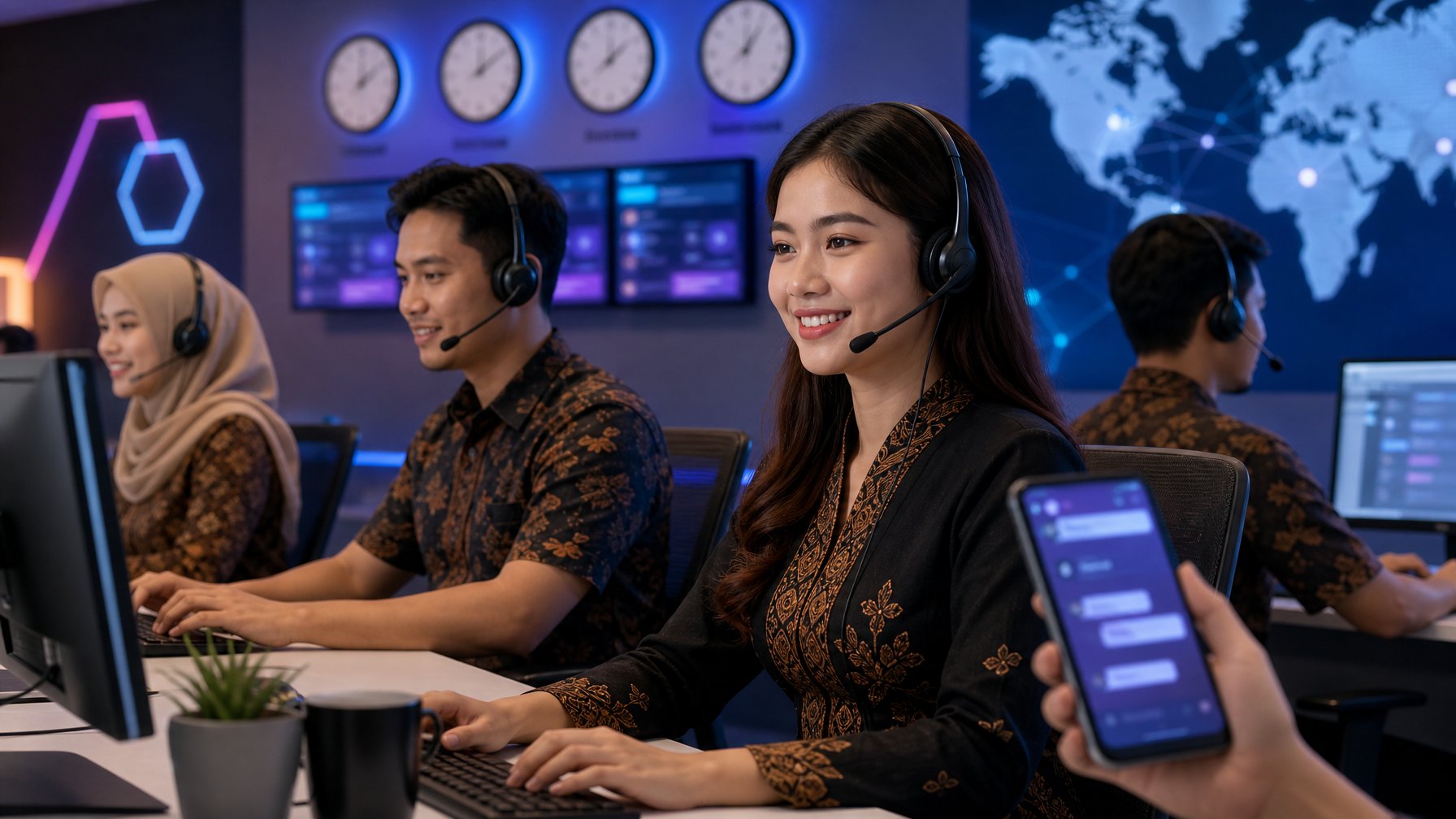 Tim layanan pelanggan bekerja di kantor modern dan membantu pengguna melalui komputer serta layanan chat.