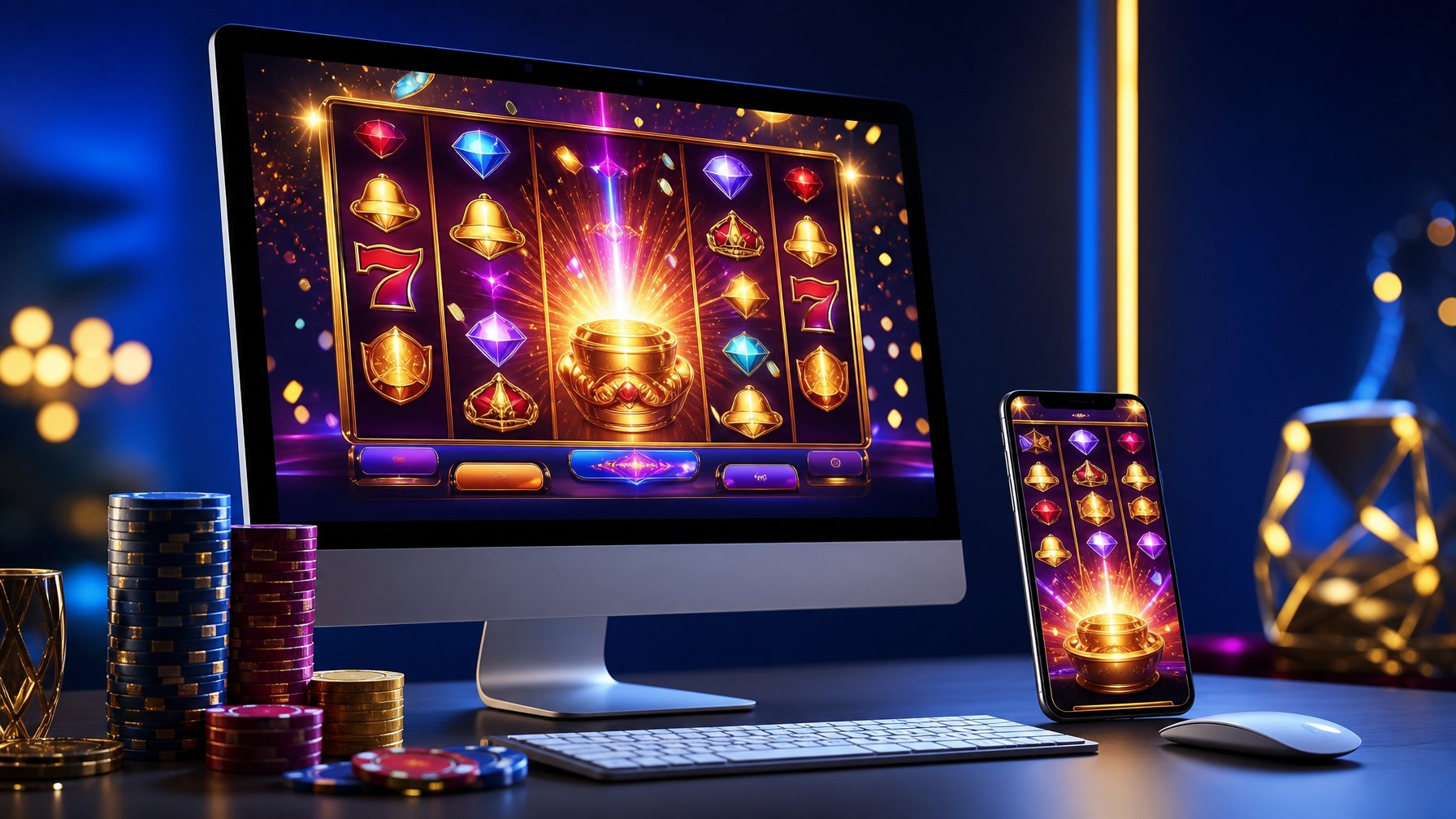 Perangkat komputer dan ponsel menampilkan permainan slot digital dengan cahaya warna-warni di atas meja modern.