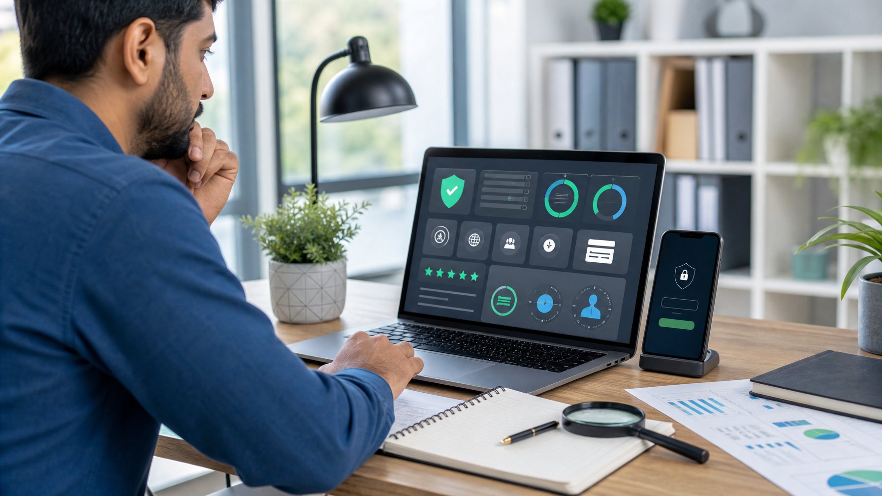 Seorang analis memeriksa keamanan dan kredibilitas platform taruhan online melalui laptop dan ponsel.