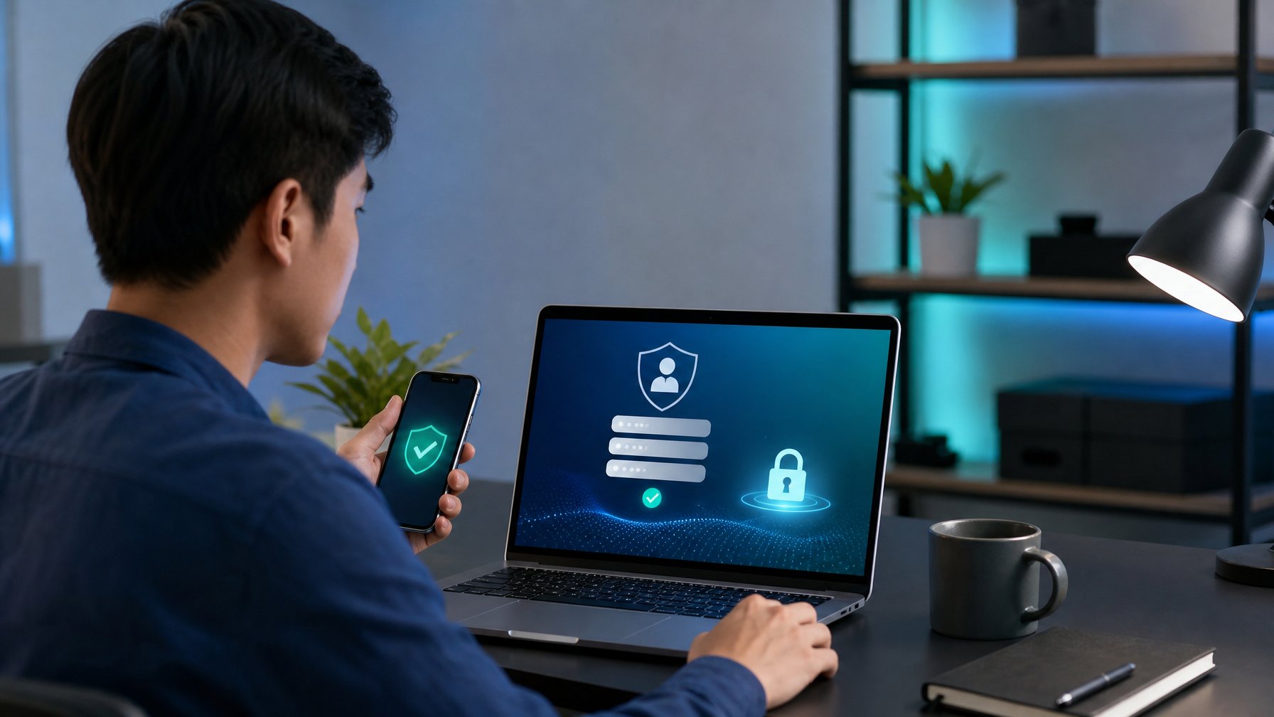 Orang dewasa mendaftarkan akun digital melalui laptop dengan simbol keamanan.