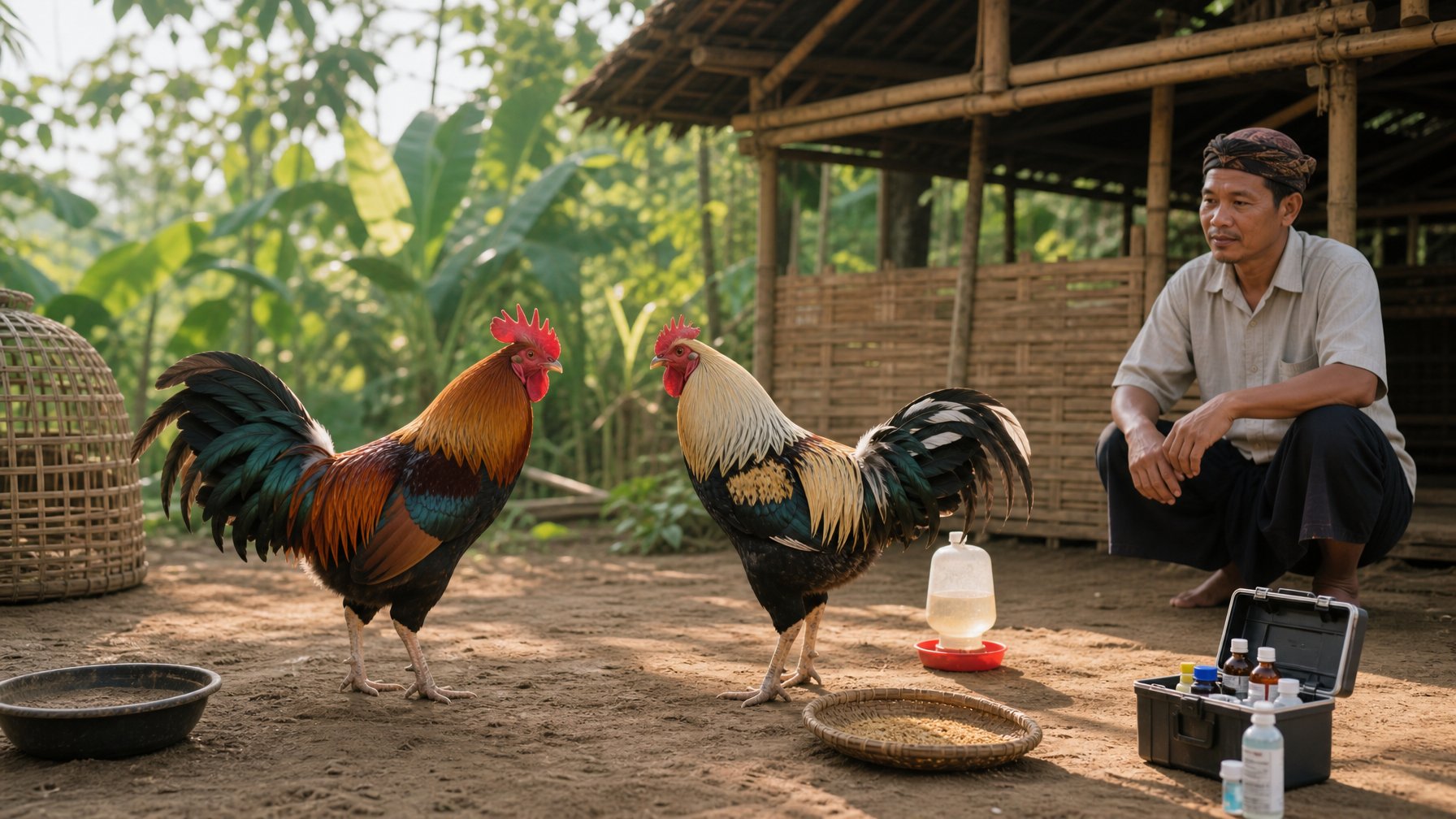 Dua ayam jantan sehat berada di kandang pedesaan yang bersih, diamati oleh seorang perawat.