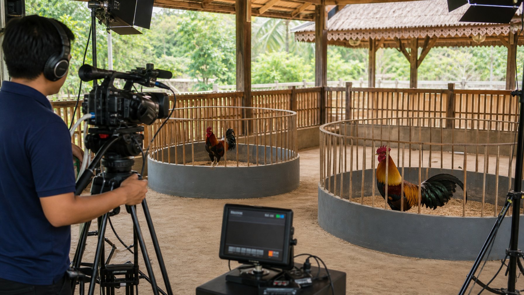 Kamera profesional merekam dua ayam jantan yang tenang di kandang terpisah dalam arena pedesaan.