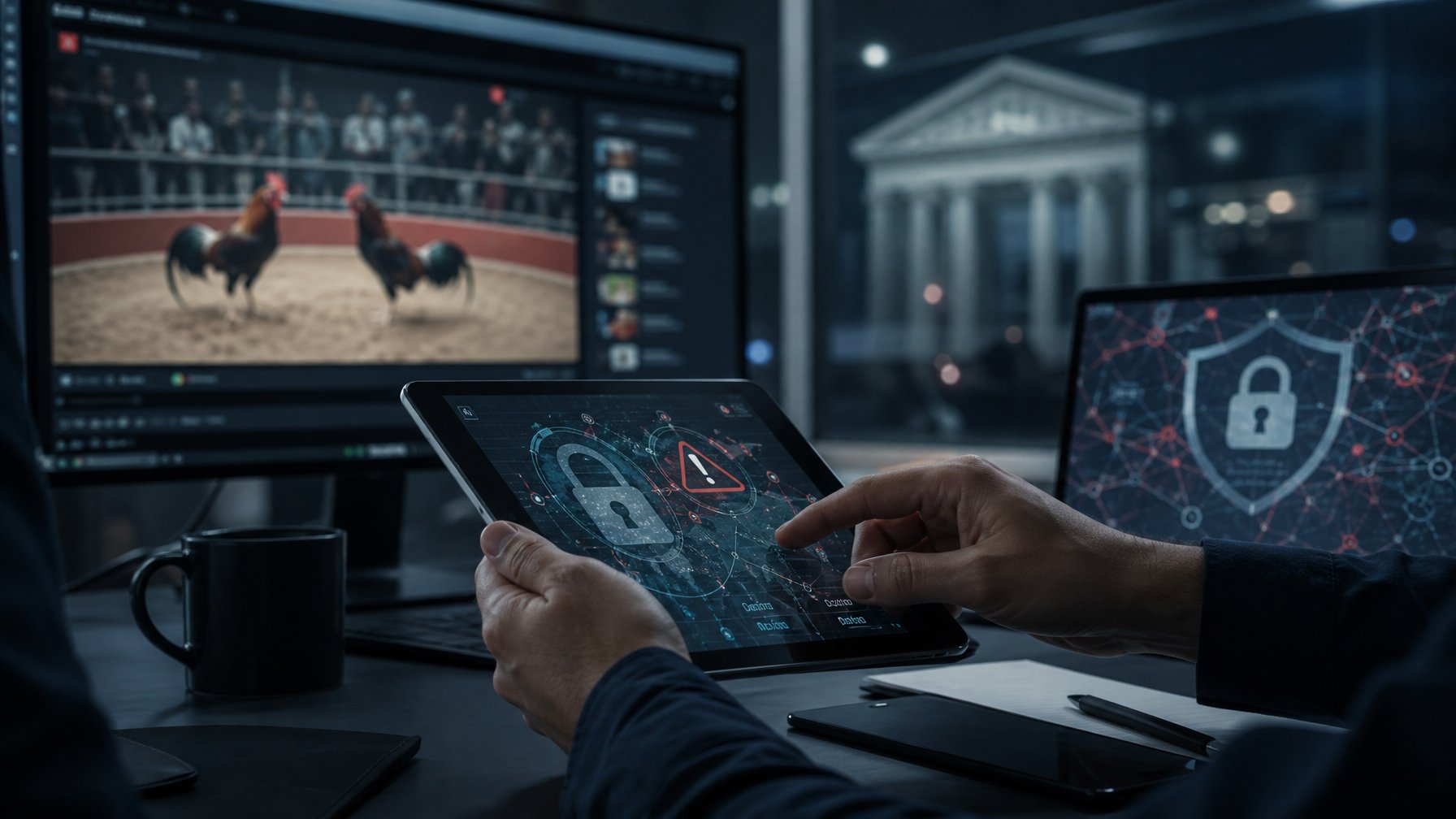 Analis keamanan memeriksa peringatan digital di ruang kerja dengan tampilan siaran daring yang diburamkan dan simbol peringatan keamanan.