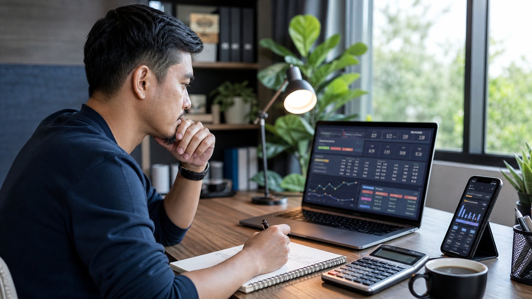 Seorang pemula mempelajari grafik peluang di laptop dan ponsel dari meja kerja.