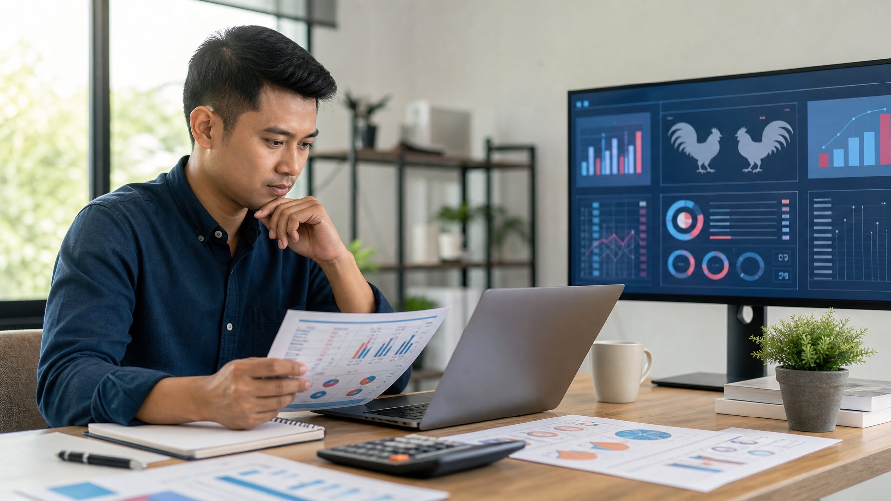 Seorang pemula mempelajari grafik dan perbandingan angka pada laptop di meja kerja.