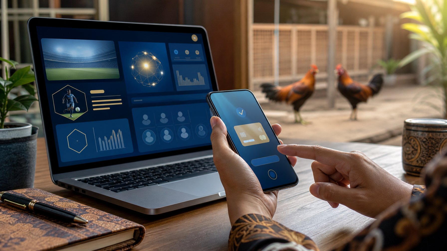 Ponsel dan laptop menampilkan antarmuka digital abstrak dengan siluet ayam di latar belakang.