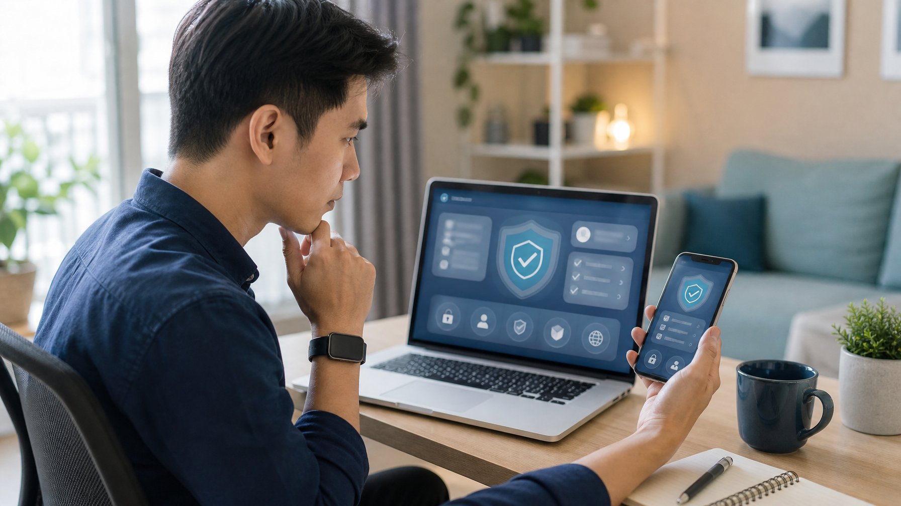 Seseorang memeriksa keamanan platform digital melalui laptop dan ponsel di ruang kerja.