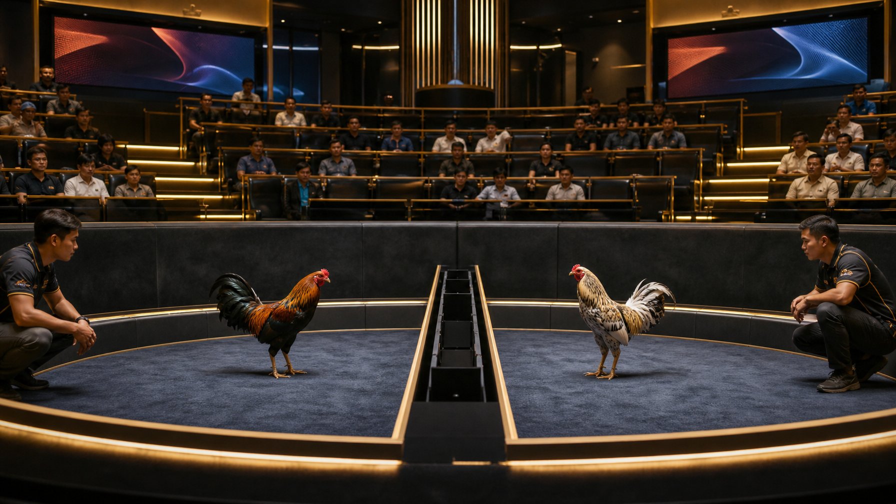 Arena sabung ayam modern dengan dua ayam jantan sehat dan penonton dewasa.