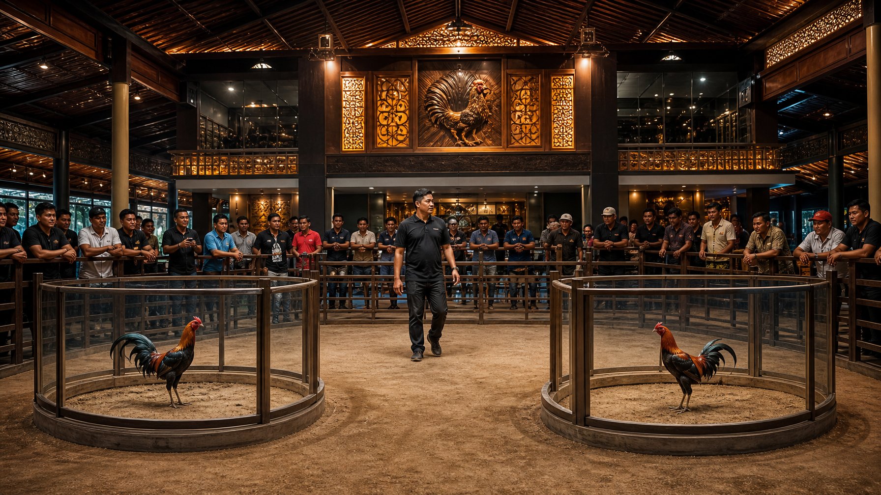 Suasana arena sabung ayam yang tertata rapi dengan penonton dewasa menyaksikan acara secara aman.